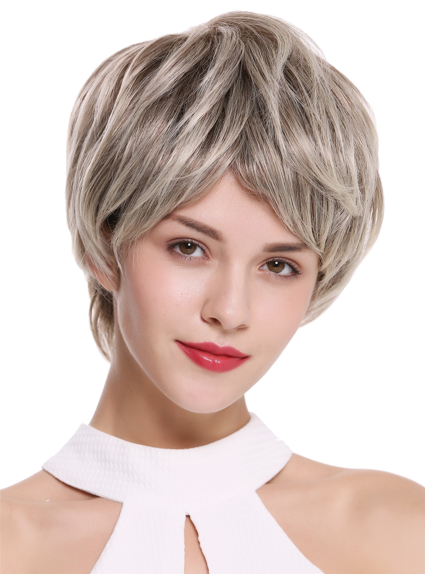 hochwertige Qualitätsperücken, Perücke kurz glatt Hellblond-Rehbraun-Mix gesträhnt IRIS-859T, Vorderansicht, WIG ME UP: Ihr Perücken Online Shop glatte Tressen-Perücke Hellblond-Rehbraun-Mix kurze Haare für Damen