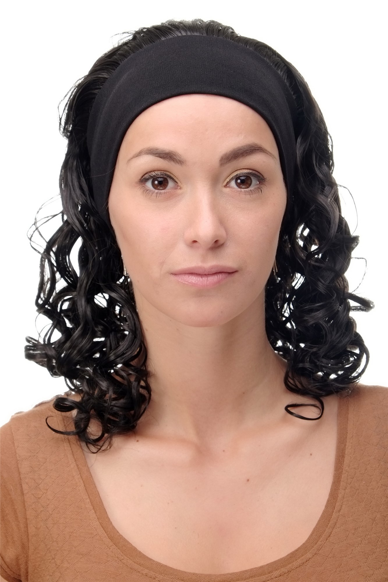 hochwertige Qualitätsperücken, Perücke Stirnband Dunkelbraun Locken Schulterlang BRO-704-3, Ansicht 2, WIG ME UP: Ihr Perücken Online Shop lockige Tressen-Perücke mit Stirnband Dunkelbraun schulterlange Haare für Damen