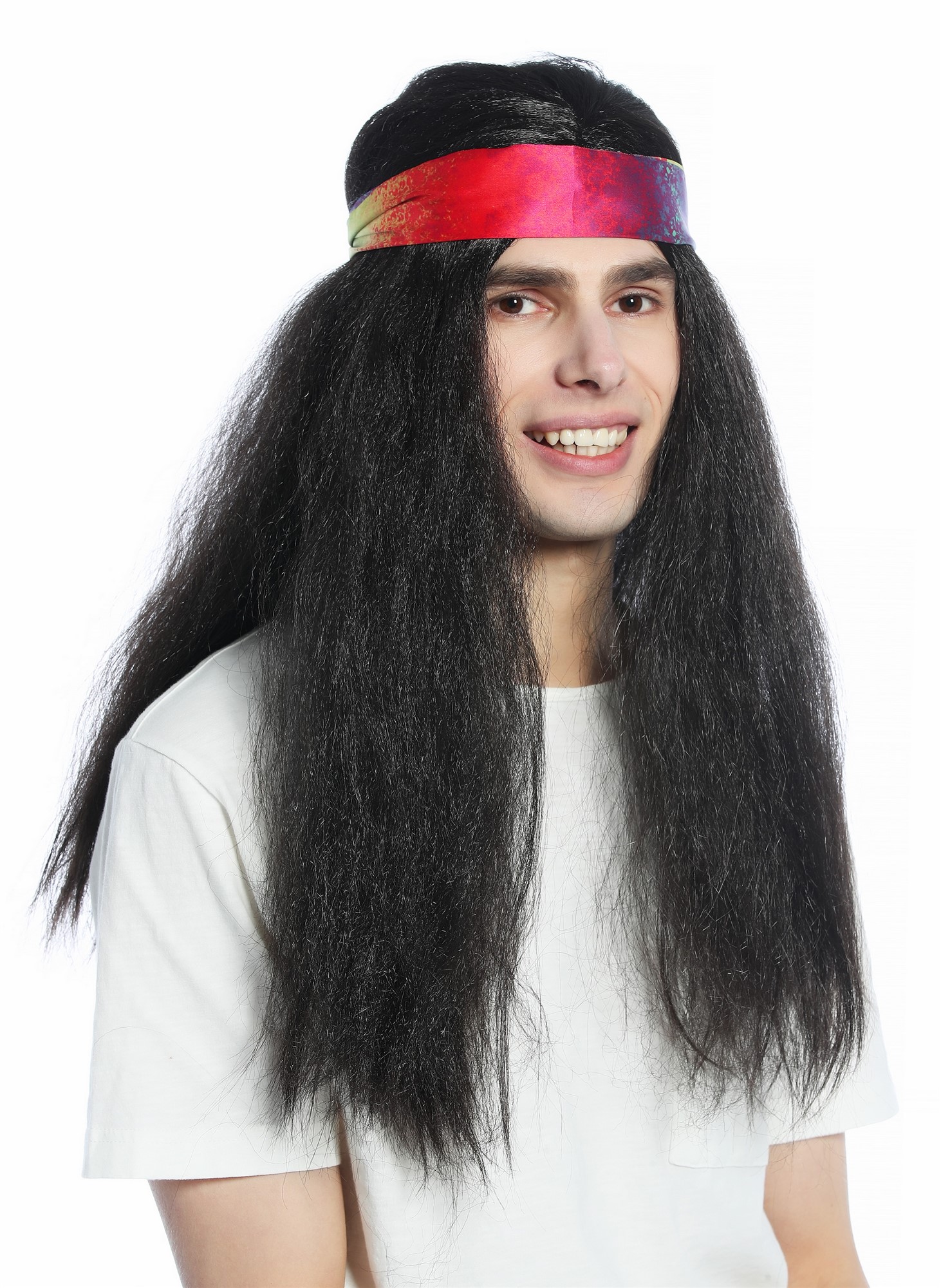 CW-028-P1 Halloween Carnival wig & headband set men women long black 70s Hippie, view 2, WIG ME UP: Your Perücken Online Shop Party Wig, Unisex, black-brown, wavy, long