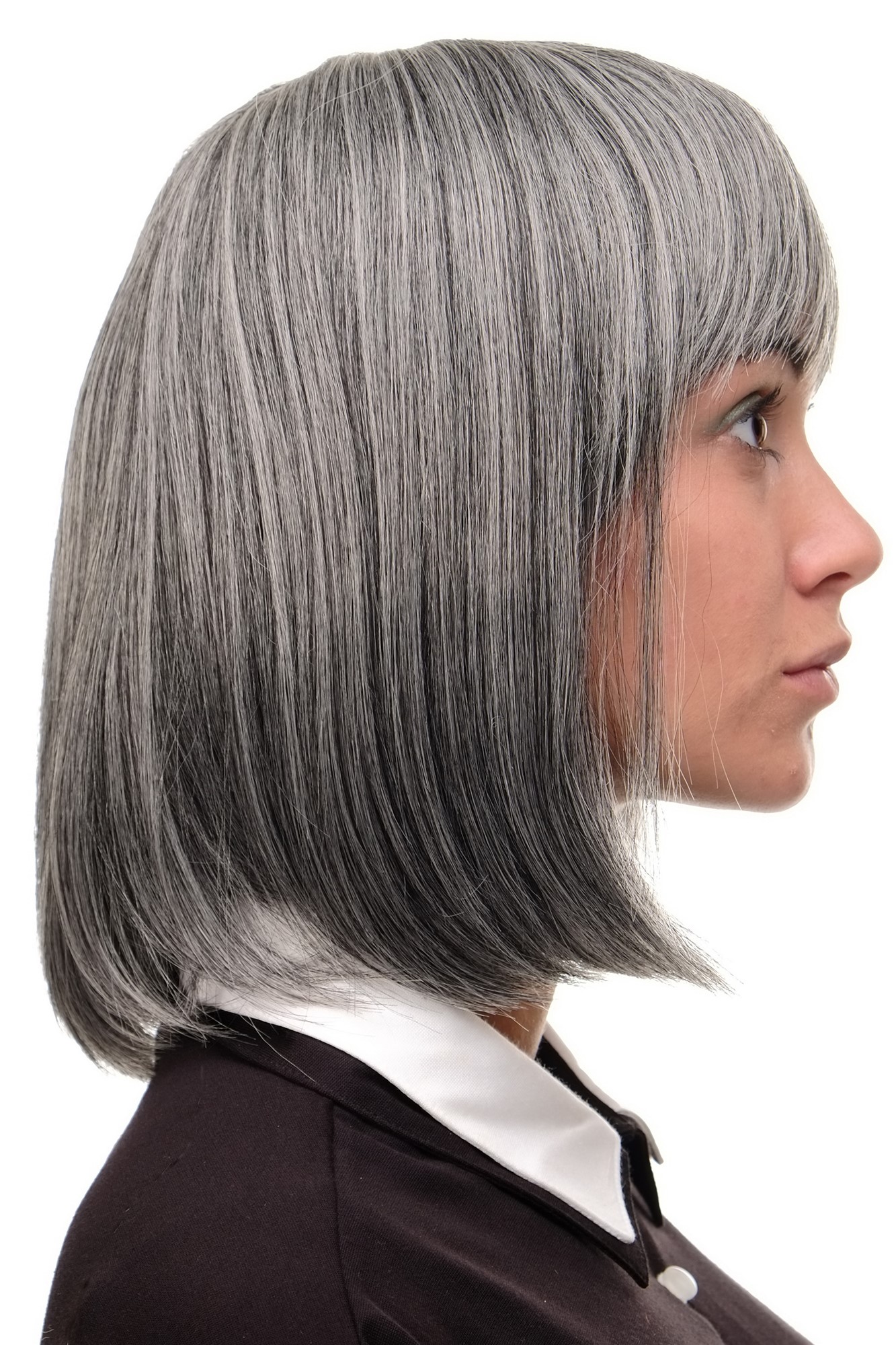 hochwertige Qualitätsperücken, Perücke Damen Bobfrisur Long Bob Pony glatt Dunkelgrau-Mix 7803-44, Ansicht 3, WIG ME UP: Ihr Perücken Online Shop glatte Tressen-Perücke mit Kopfhaut-Imitat Dunkelbraun-Grau-Mix kurze Haare für Damen