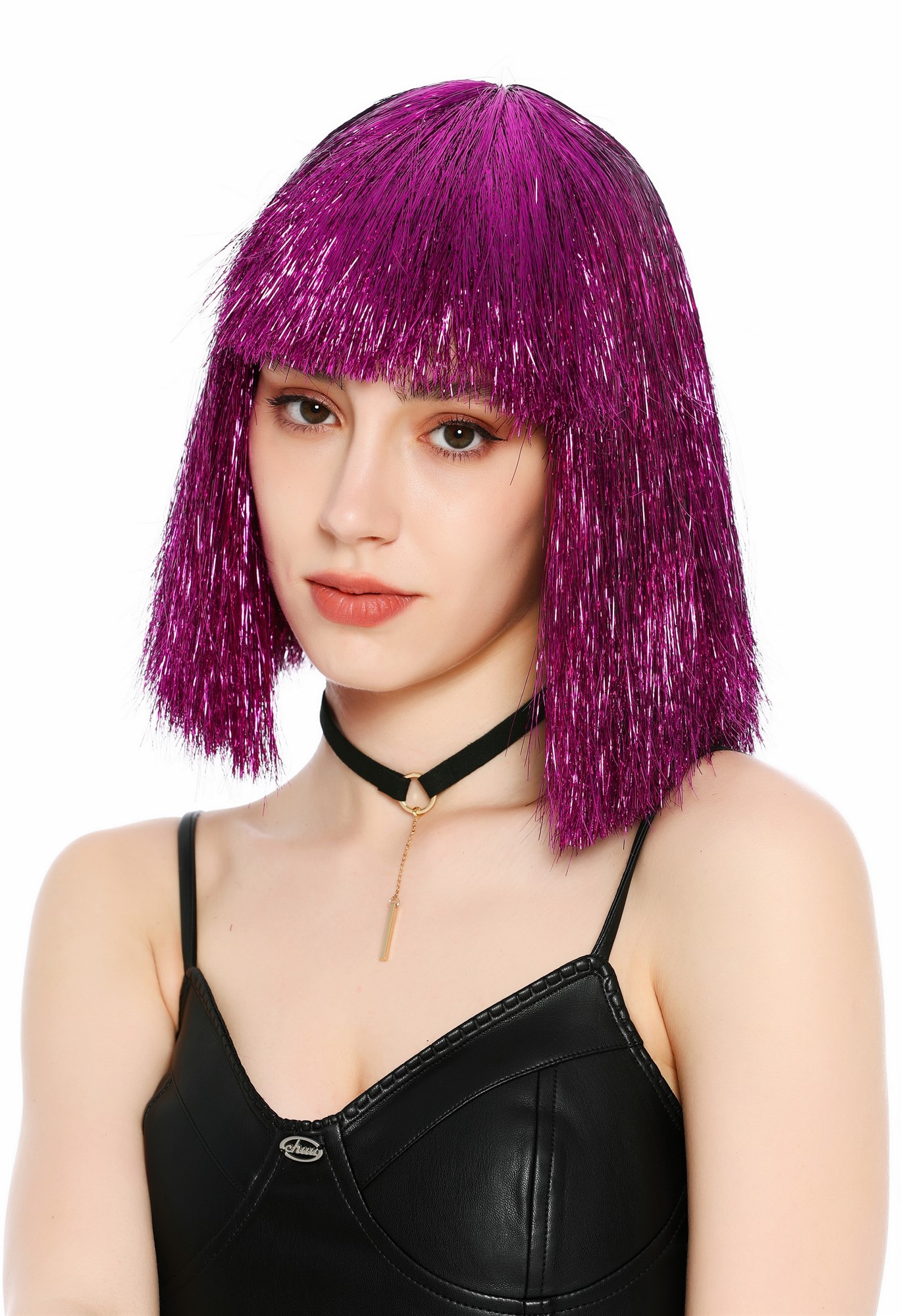 Perücke Damen Glitzer Lametta Tinsel Look Longbob Pony Disco Lila VK-42-TN19