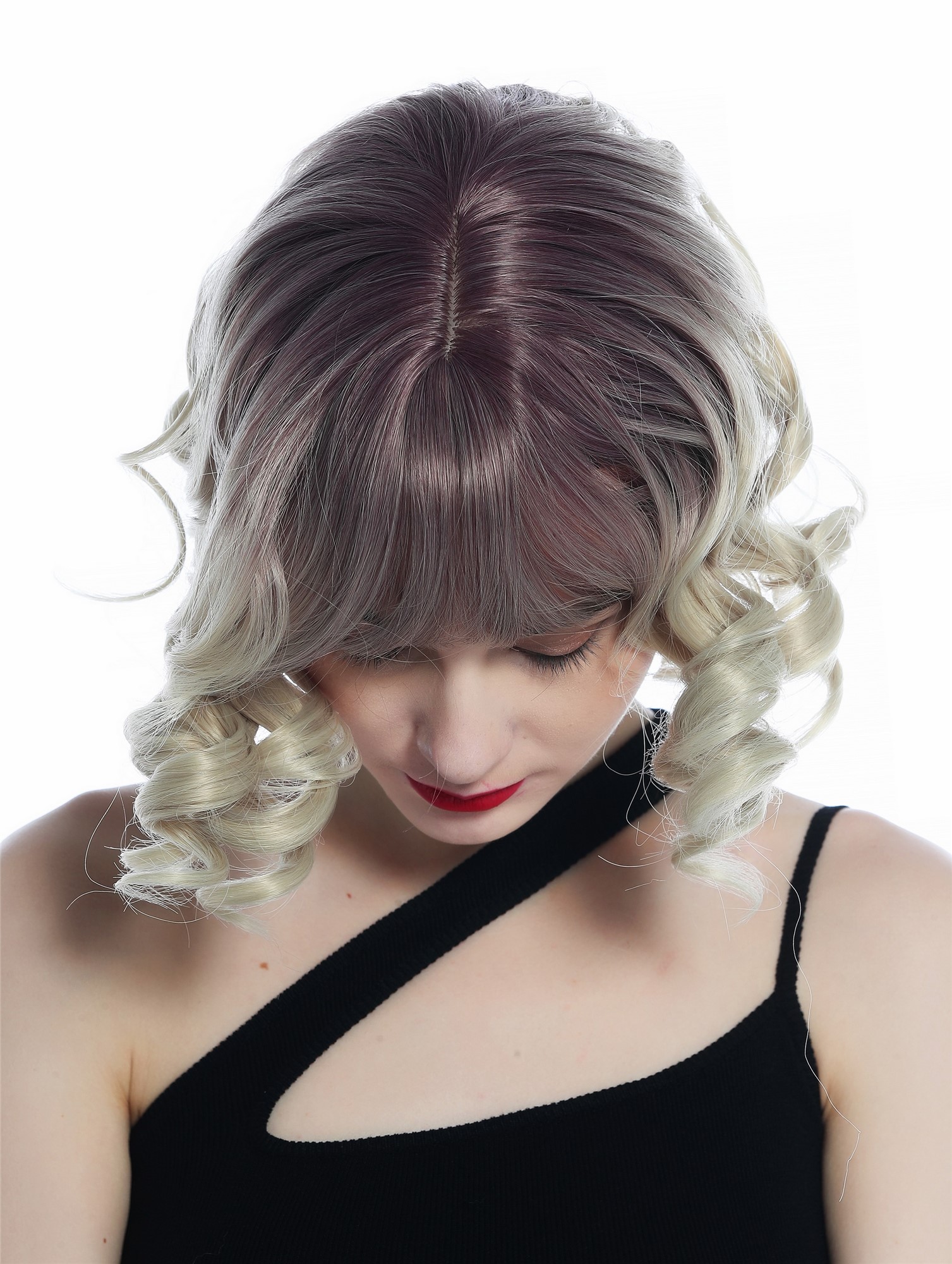 hochwertige Qualitätsperücken, Perücke kurz Pony Korkenzieher-Locken Ombre Dunkel-Violett Hellblond SZL0832-T-003, Ansicht 6, WIG ME UP: Ihr Perücken Online Shop lockige Tressen-Perücke mit Kopfhaut-Imitat Grauviolett-Matthellblond-Verlauf kurze Haare für Damen