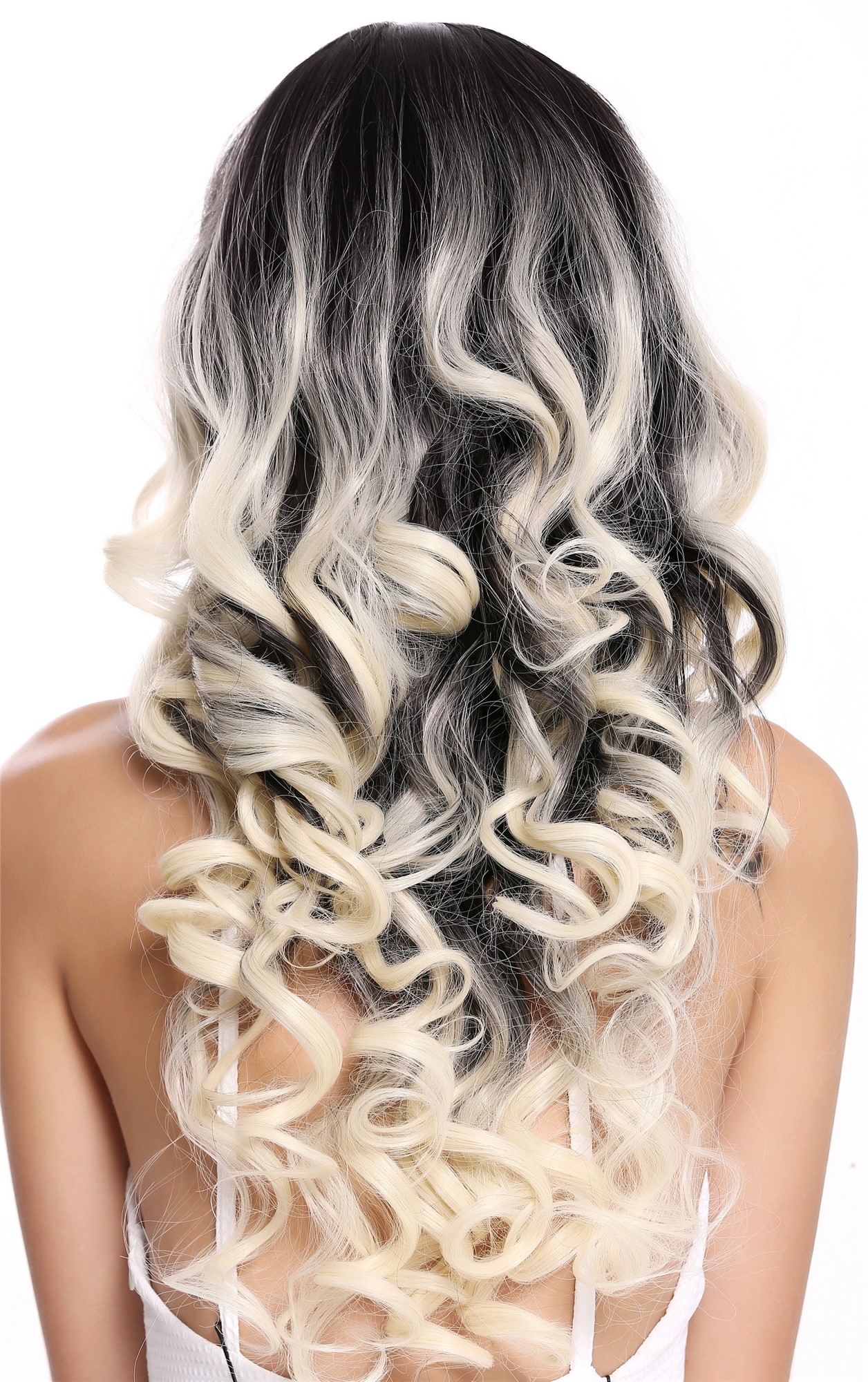hochwertige Qualitätsperücken, Perücke Lang Locken Ombre Schwarz Platin Blond ZM-1668-613R1B, Ansicht 4, WIG ME UP: Ihr Perücken Online Shop lockige Tressen-Perücke mit Kopfhaut-Imitat Schwarz-Platinblond-Mix lange Haare für Damen