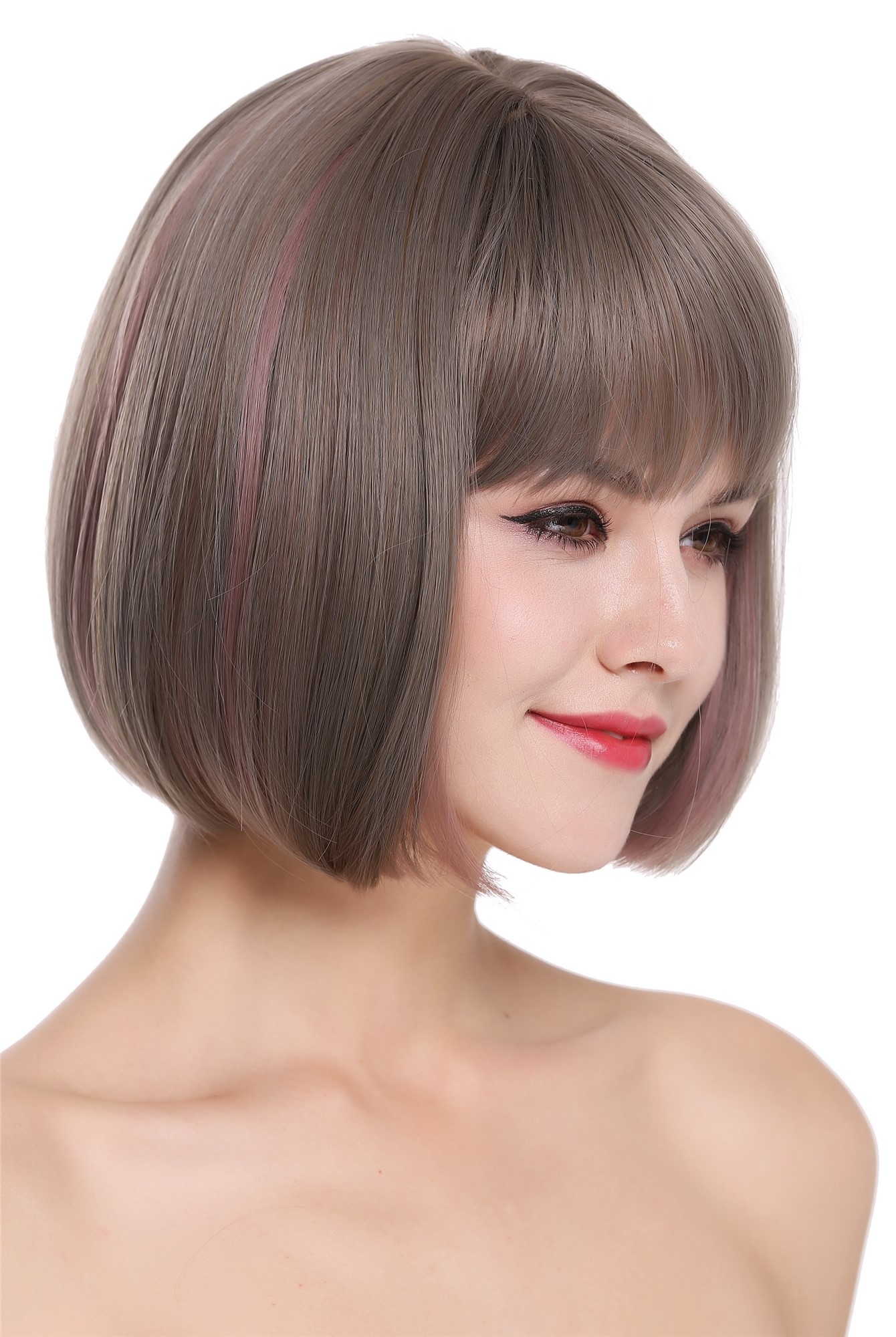 hochwertige Qualitätsperücken, Perücke kurz Bob Pony Grau Braun Rosa D3067-8A/10A/612, Ansicht 2, WIG ME UP: Ihr Perücken Online Shop glatte Tressen-Perücke mit Kopfhaut-Imitat Aschgrau-Goldbraun-Pastellrosa-Mix kurze Haare für Damen