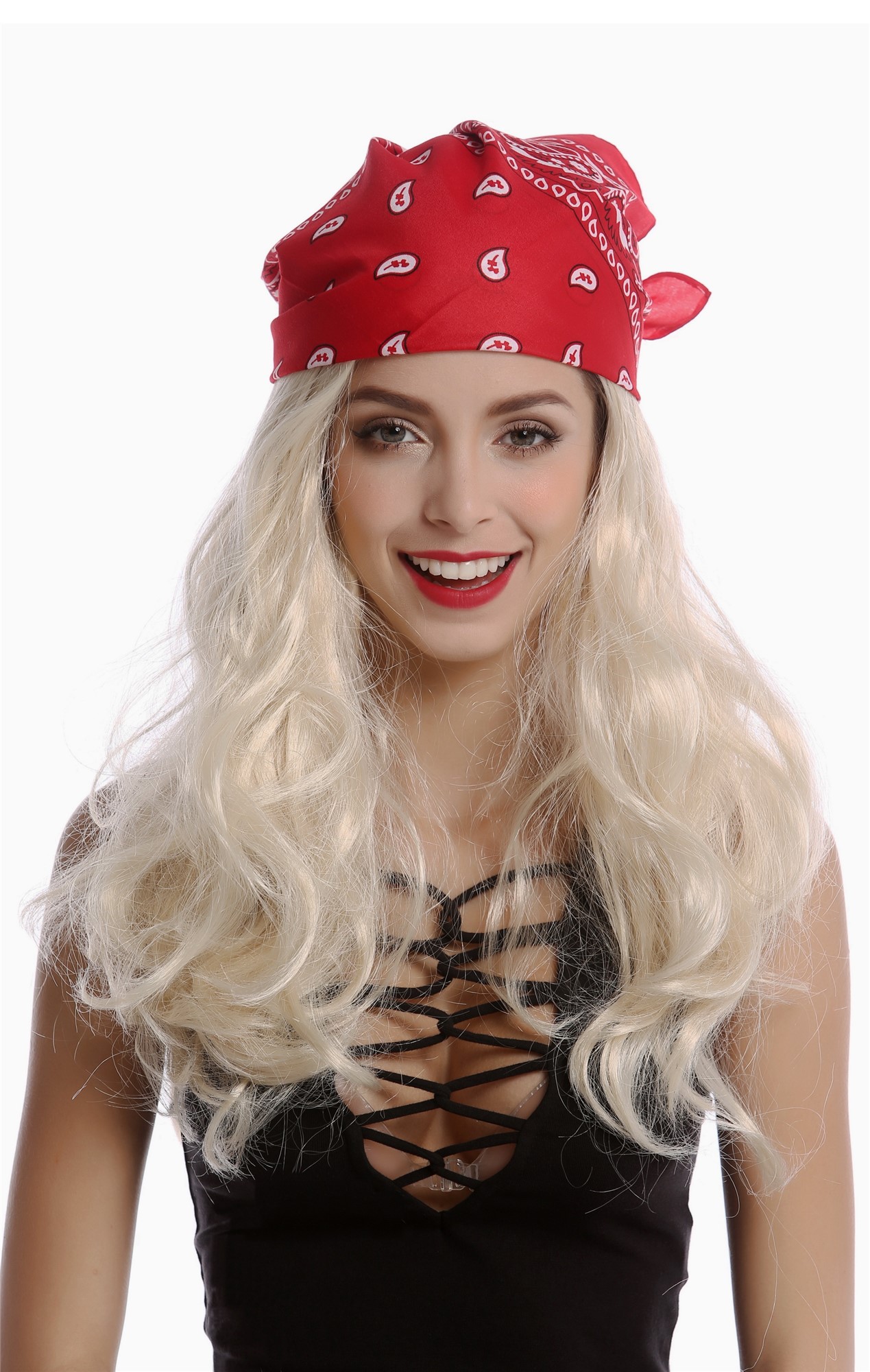 günstige Party Perücke, Perücke Bandana Rocker lang blond 90845-ZA87A, Ansicht 2, WIG ME UP: Ihr Perücken Online Shop wellige Party Perücke Blond lange Haare Unisex