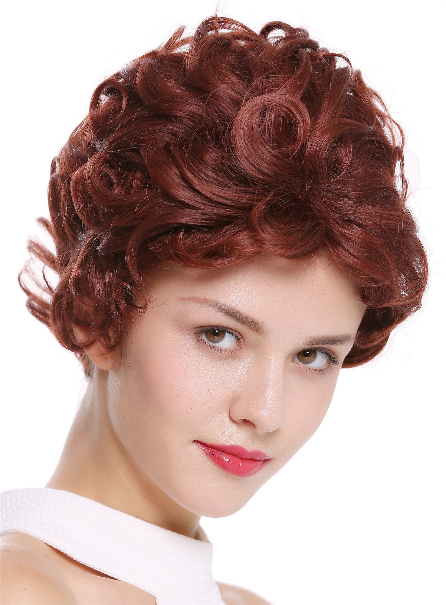 hochwertige Qualitätsperücken, Perücke kurz Locken gelockt Mahagoni Rot Braun Mix DW-2740-33BT130, Vorderansicht, WIG ME UP: Ihr Perücken Online Shop lockige Tressen-Perücke Mahagonibraun-Kupferrot-Mix kurze Haare für Damen