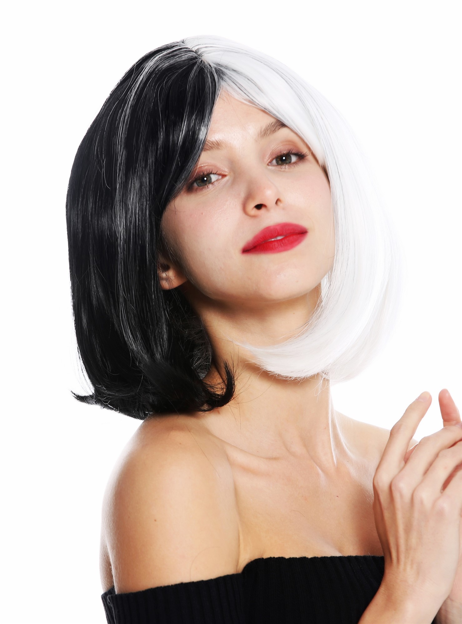 hochwertige Qualitätsperücken, Perücke Bob Cosplay kurz halb Schwarz Weiß GFW2289L-1+1001, Ansicht 2, WIG ME UP: Ihr Perücken Online Shop glatte Tressen-Perücke mit Kopfhaut-Imitat Weiß-Schwarz-Mix schulterlange Haare für Damen
