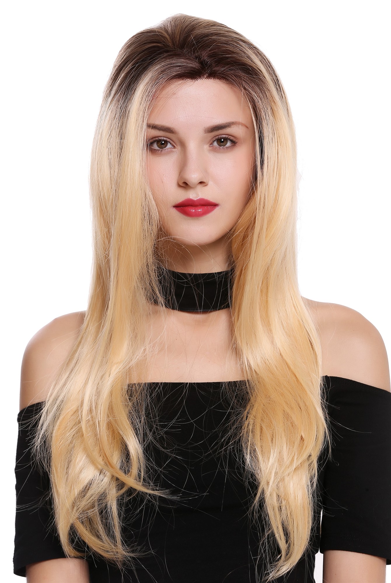 Lady wig women lace front long sleek ombre brown to bright blonde DW2322-LF, front view, WIG ME UP: Your Perücken Online Shop Quality Wigs, Ladies, orange blonde-medium brown mix, straight, long