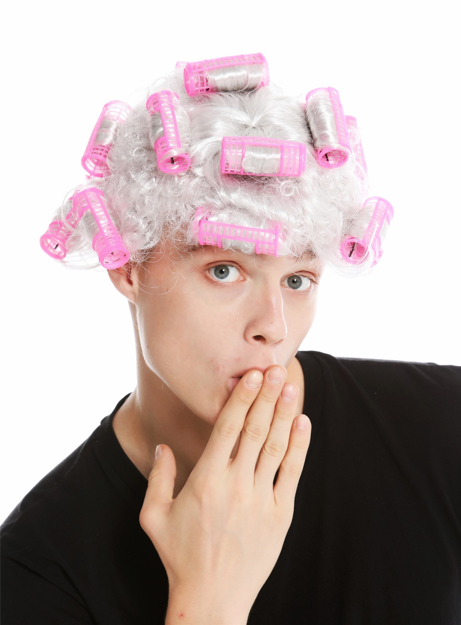 Women's party wig housewife hair rollers grey white grey light grey trashy 4204, view 7, WIG ME UP: Your Perücken Online Shop Party Wig, Ladies, light gray, curled, short