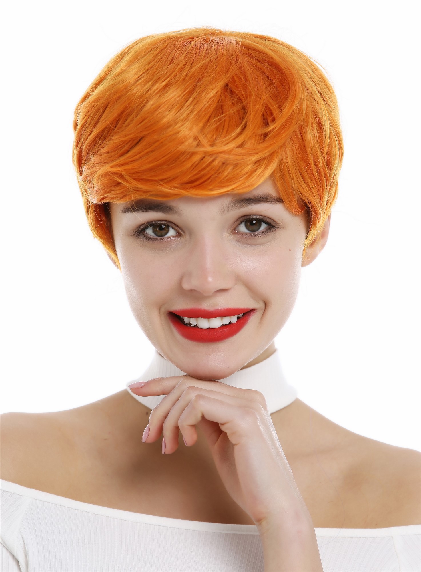 hochwertige Qualitätsperücken, Perücke kurz Pixie Scheitel Orange 0824-T2735/TF2201, Vorderansicht, WIG ME UP: Ihr Perücken Online Shop wellige Tressen-Perücke Neonorange kurze Haare für Damen
