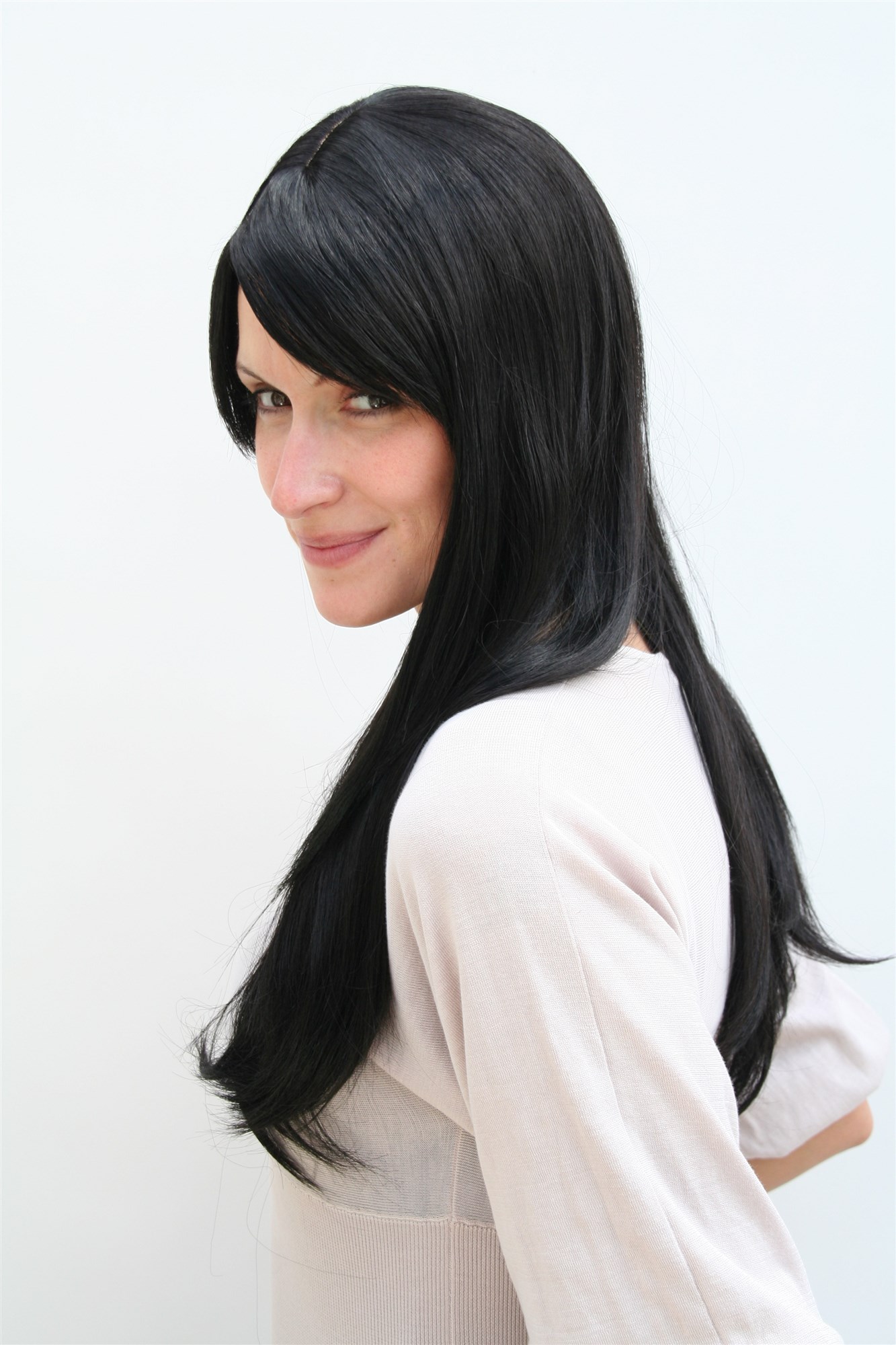 Lady women wig raven black fringe parted to side straight long Gothic 3115, view 2, WIG ME UP: Your Perücken Online Shop Quality Wigs, Ladies, black-brown, straight, long