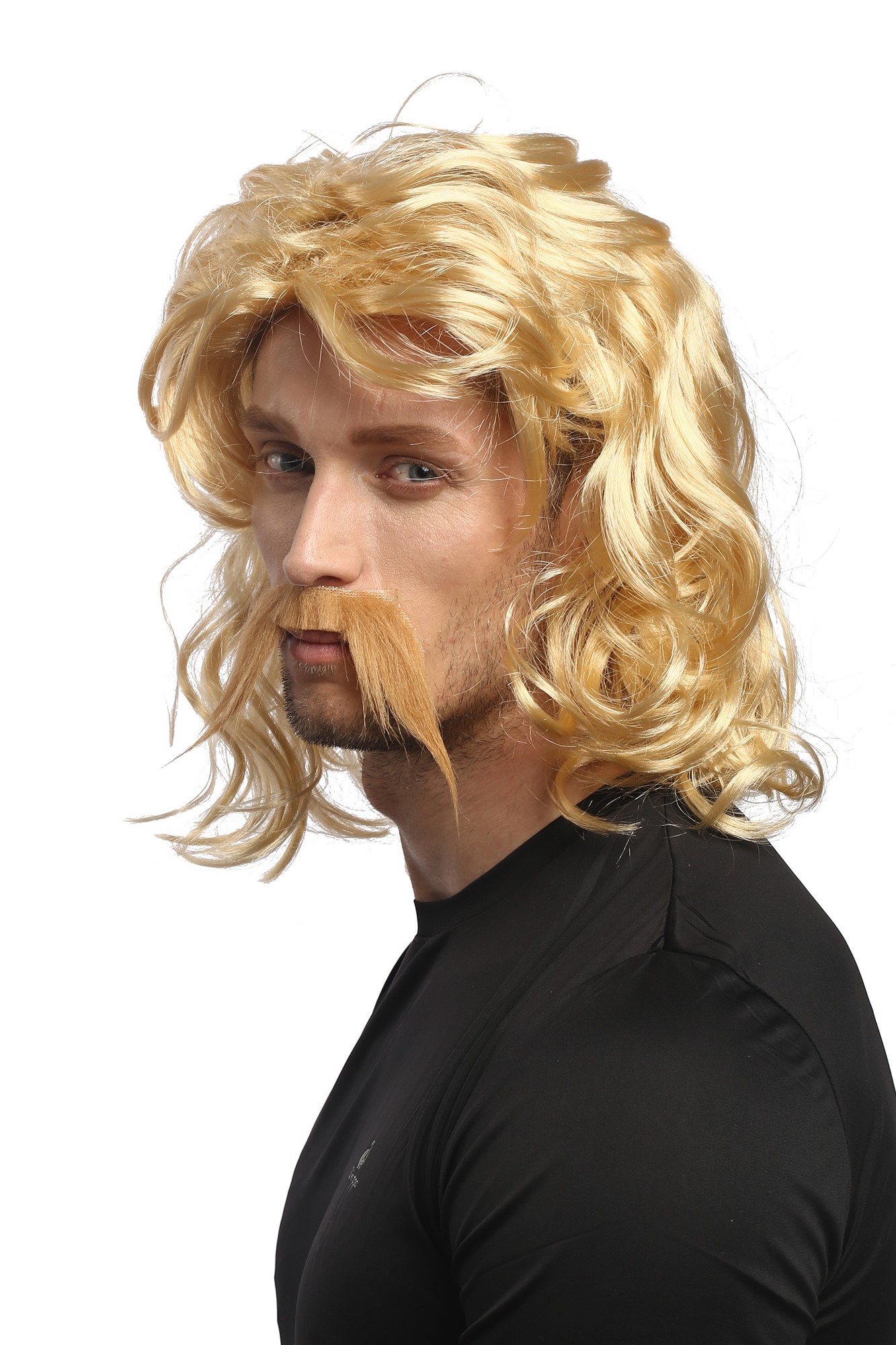 Man Gents Party Wig & Mustache Set Halloween Fancy Dress blond long wild Gaul Viking Norman Celt, front view, WIG ME UP: Your Perücken Online Shop Party Wig, Men, Blonde, wavy, shoulder-length