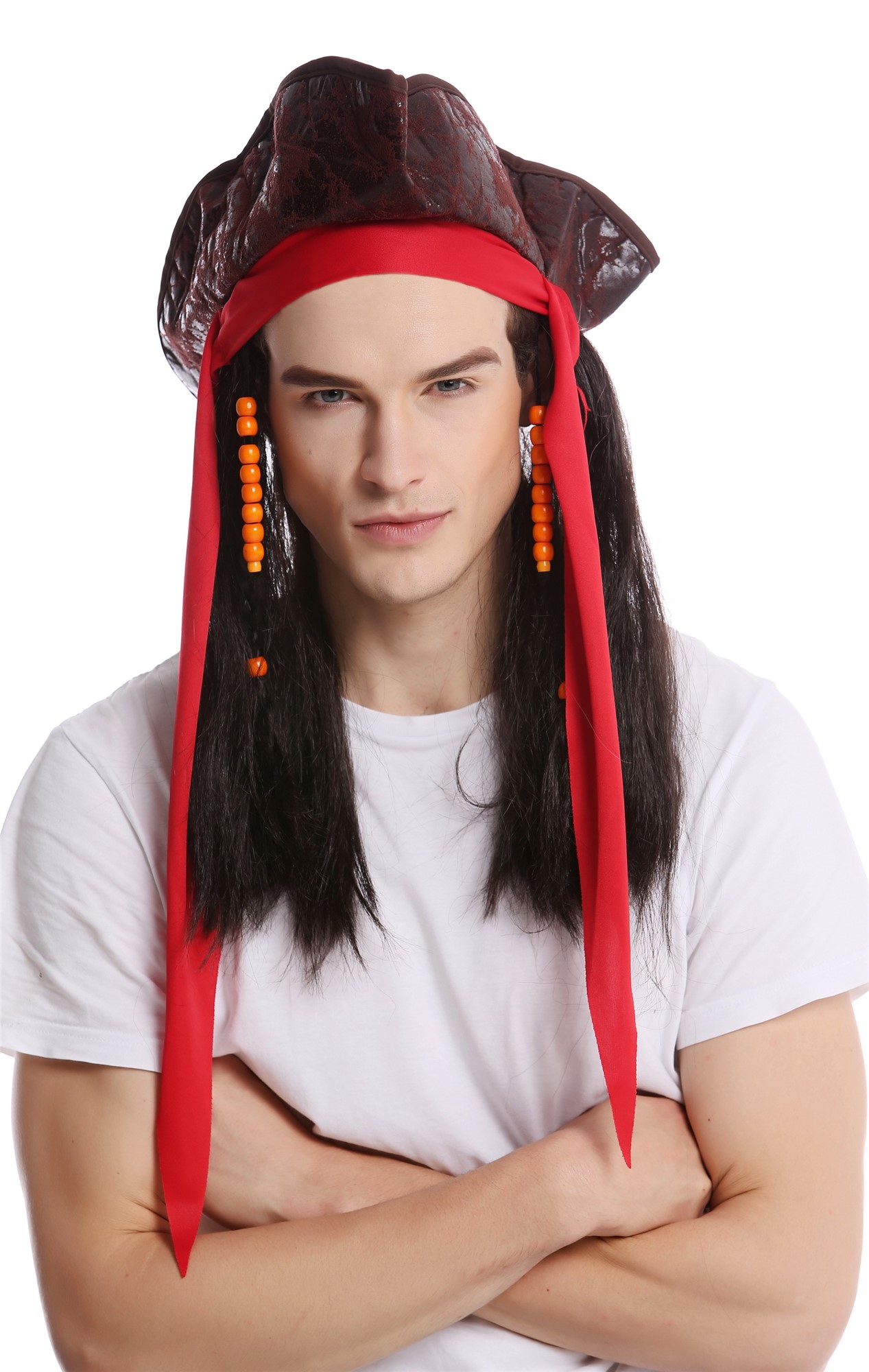 Wig & Tricorn Cocked Hat Women Men Carnival Halloween Pirate Captain brown, front view, WIG ME UP: Your Perücken Online Shop Party Wig, Men, Brown, straight, shoulder-length