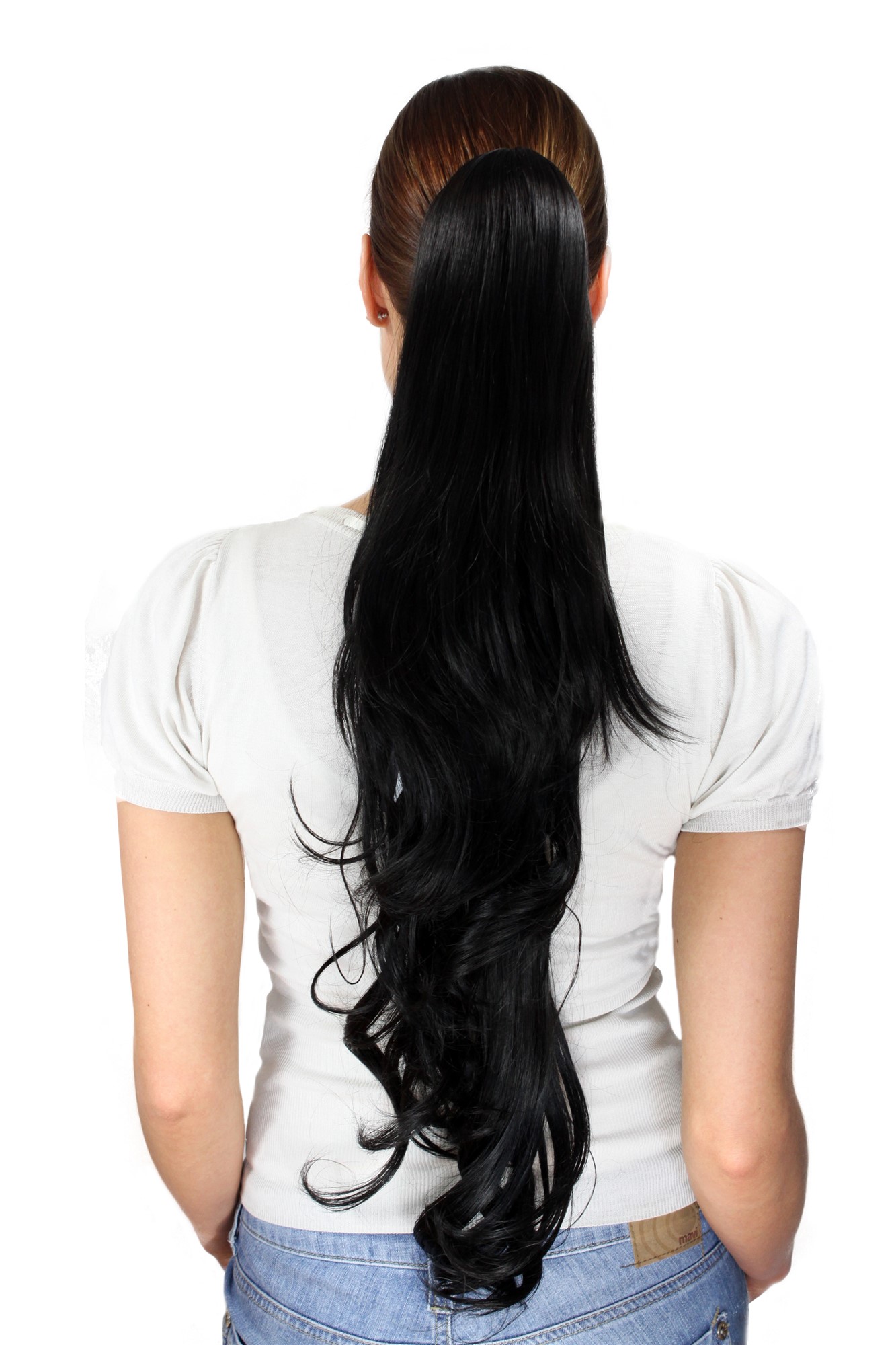 Ponytail/Extension BLACK 1B very long, slightly wavy 70 cm Butterfly CLAMP/Claw Grip, front view, WIG ME UP: Your Perücken Online Shop Ponytails, velvet black, wavy, long