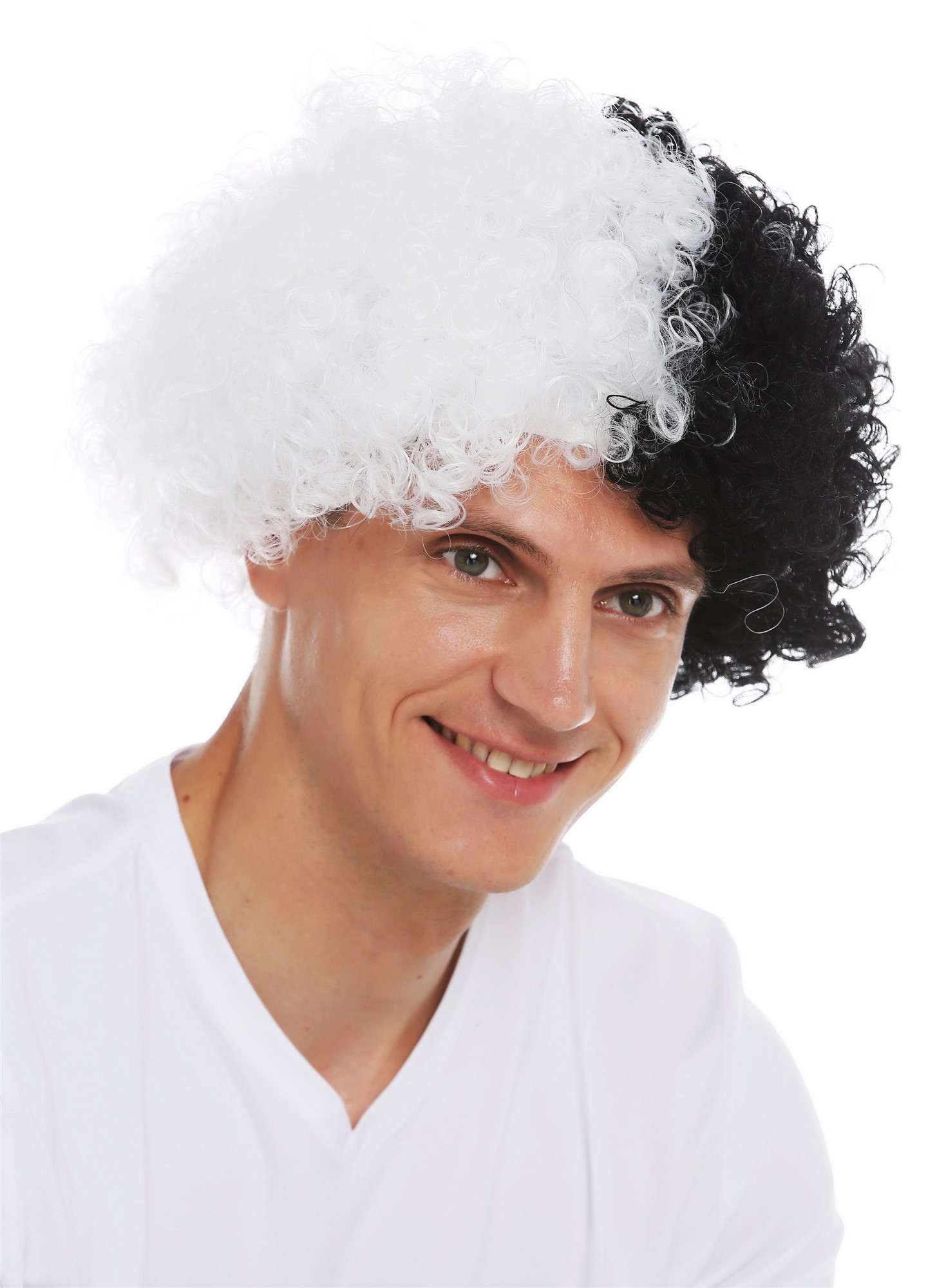 Fan wig carnival afro half and half black white volume men women MMAM-15M, view 3, WIG ME UP: Your Perücken Online Shop Party Wig, Unisex, white-black mix, curled, short