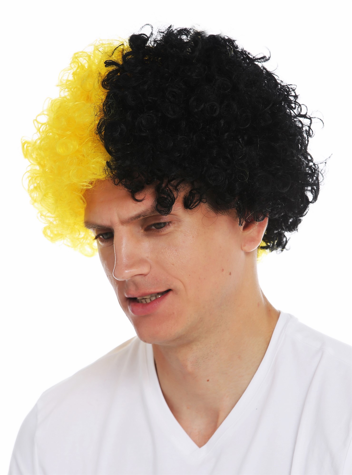 Party Wig, Unisex, pitch black and bright yellow mix, curled, short