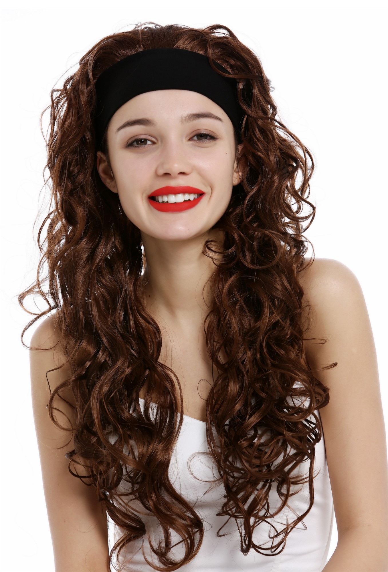 hochwertige Qualitätsperücken, Perücke Stirnband lang gelockt Kupferbraun Rotbraun VK-27-30, Ansicht 2, WIG ME UP: Ihr Perücken Online Shop lockige Tressen-Perücke mit Stirnband Kupferbraun lange Haare für Damen