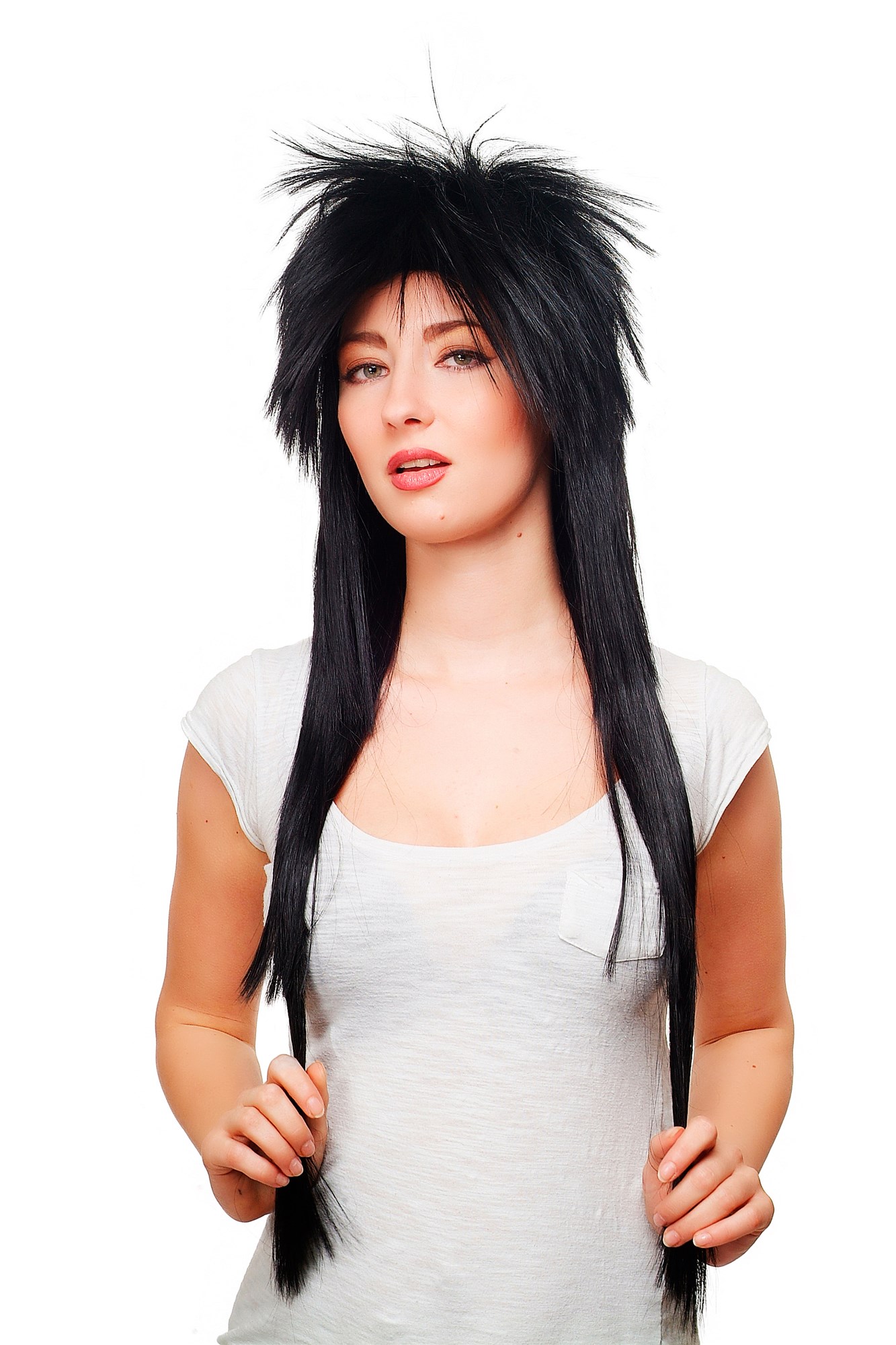 hochwertige Qualitätsperücken, 80er Jahre Look sehr lange Vokuhila Perücke Glam Rock schwarz 9666-1B, Ansicht 3, WIG ME UP: Ihr Perücken Online Shop glatte Tressen-Perücke mit Kopfhaut-Imitat Samtschwarz lange Haare für Damen