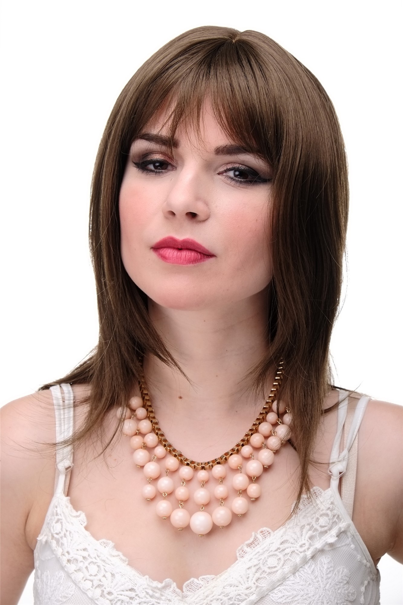 Lady wig medium length long fringe parted to side straight layered brown 3003, front view, WIG ME UP: Your Perücken Online Shop Quality Wigs, Ladies, medium golden brown, straight, long