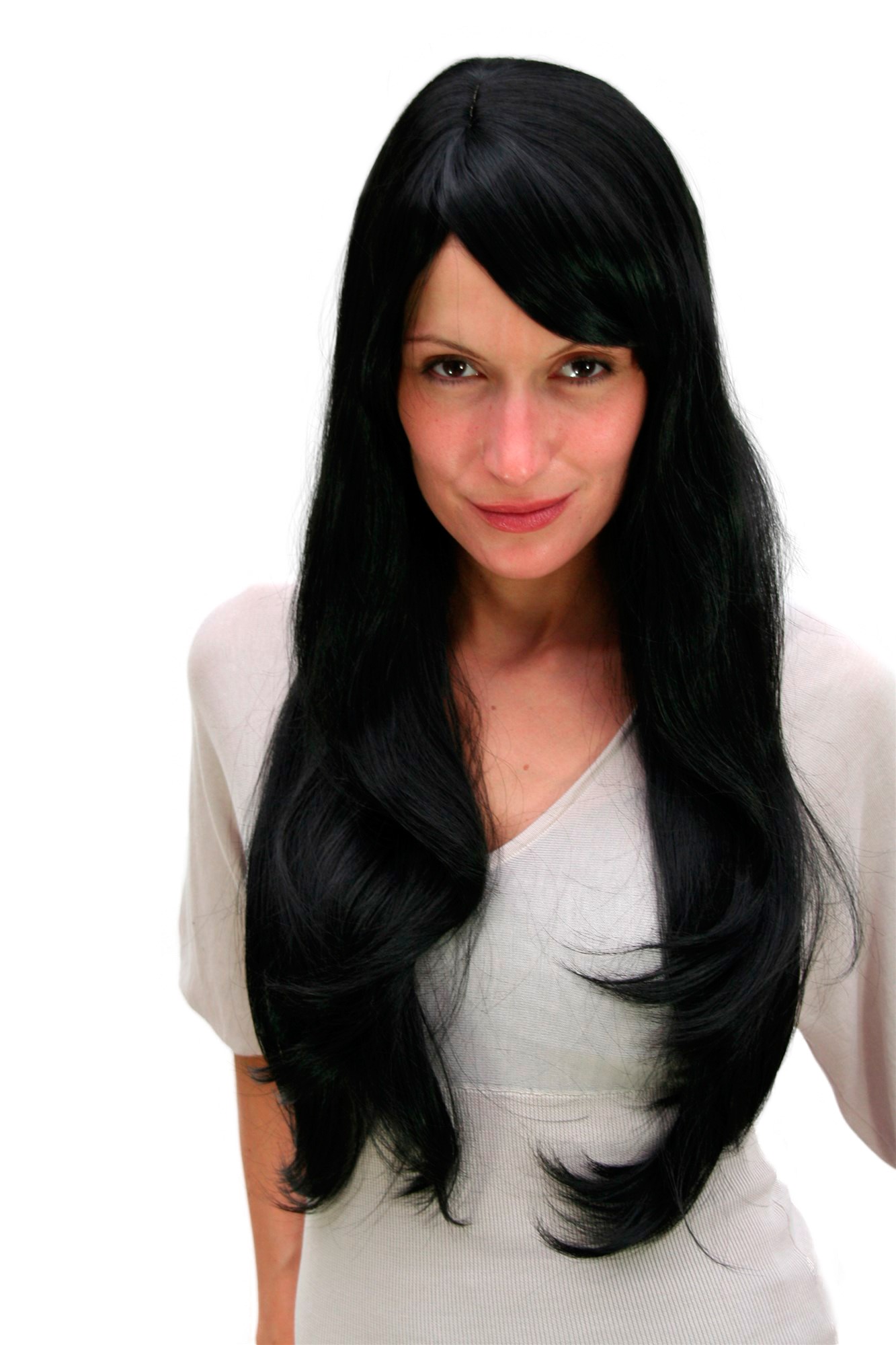 hochwertige Qualitätsperücken, Langhaarige Damen Perücke glatt fallende Haare Scheitel schwarz 3111-1B, Vorderansicht, WIG ME UP: Ihr Perücken Online Shop glatte Tressen-Perücke mit Kopfhaut-Imitat Samtschwarz lange Haare für Damen