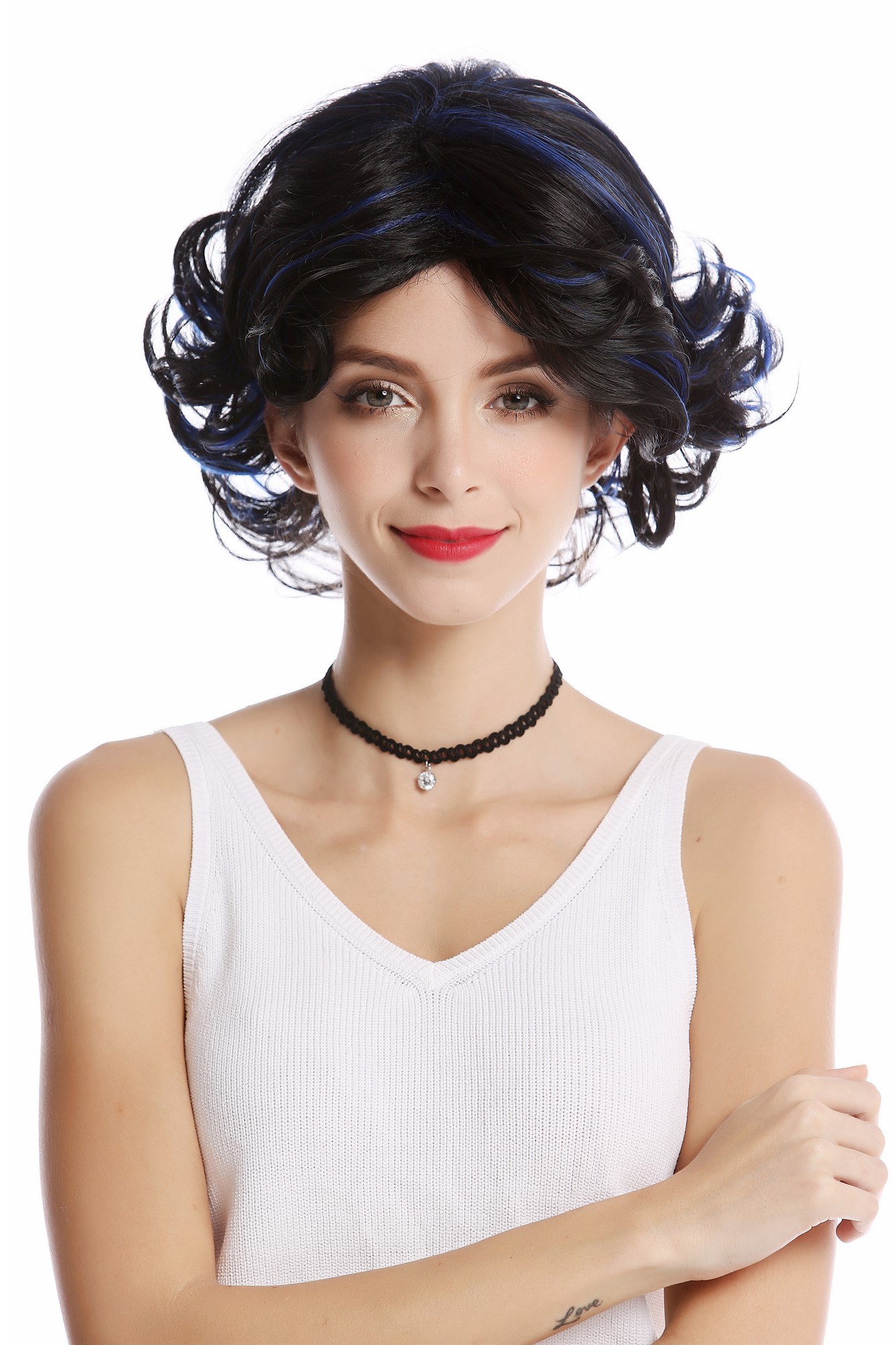 hochwertige Qualitätsperücken, Perücke gelockte Spitzen Schwarz Blau GF-W2414-1BHTF2517, Vorderansicht, WIG ME UP: Ihr Perücken Online Shop lockige Tressen-Perücke Samtschwarz-Blau-Mix kurze Haare für Damen