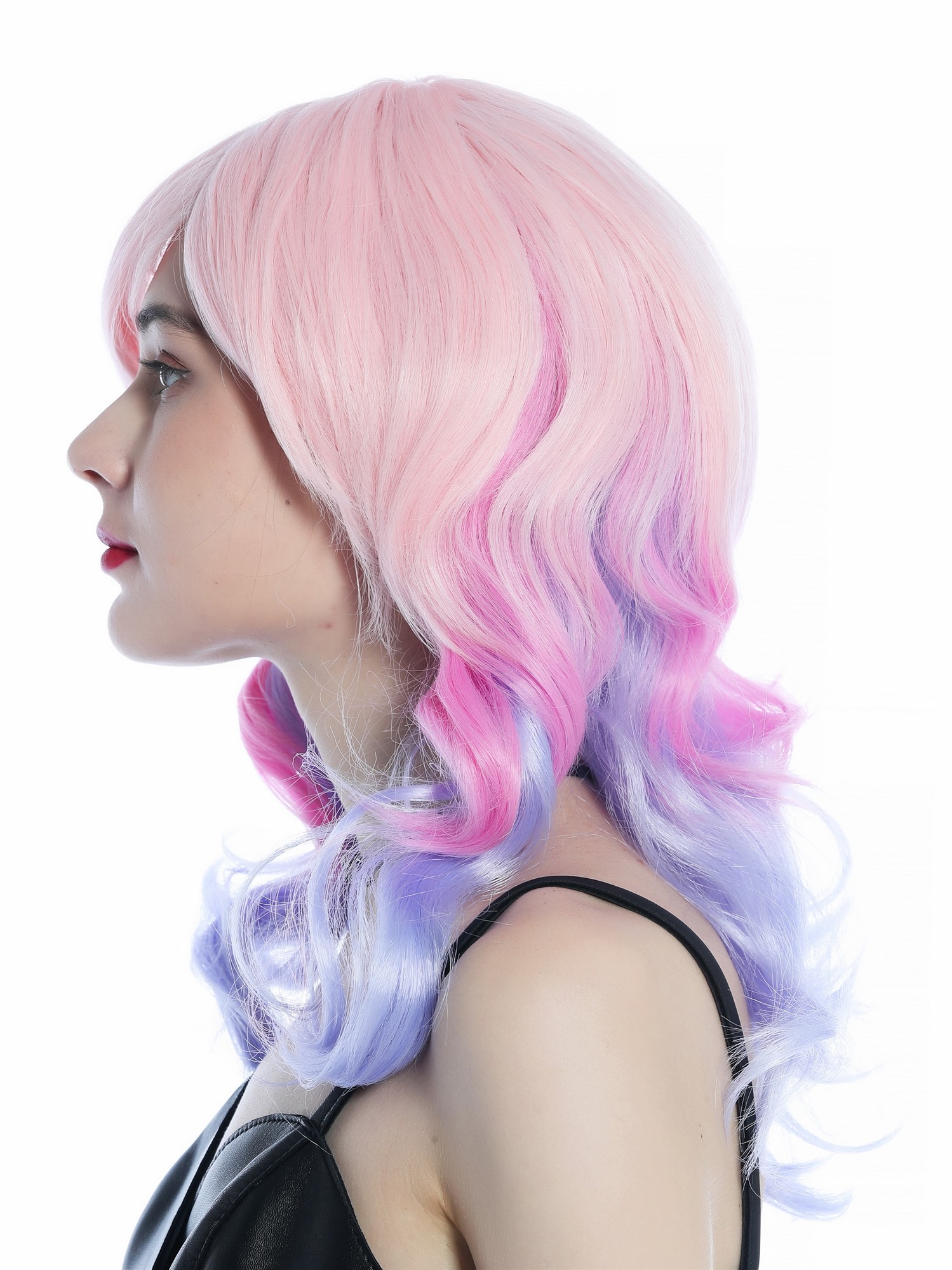 Party Wig, Ladies, Top of the head light pink hatline pink neck light purple, wavy, long