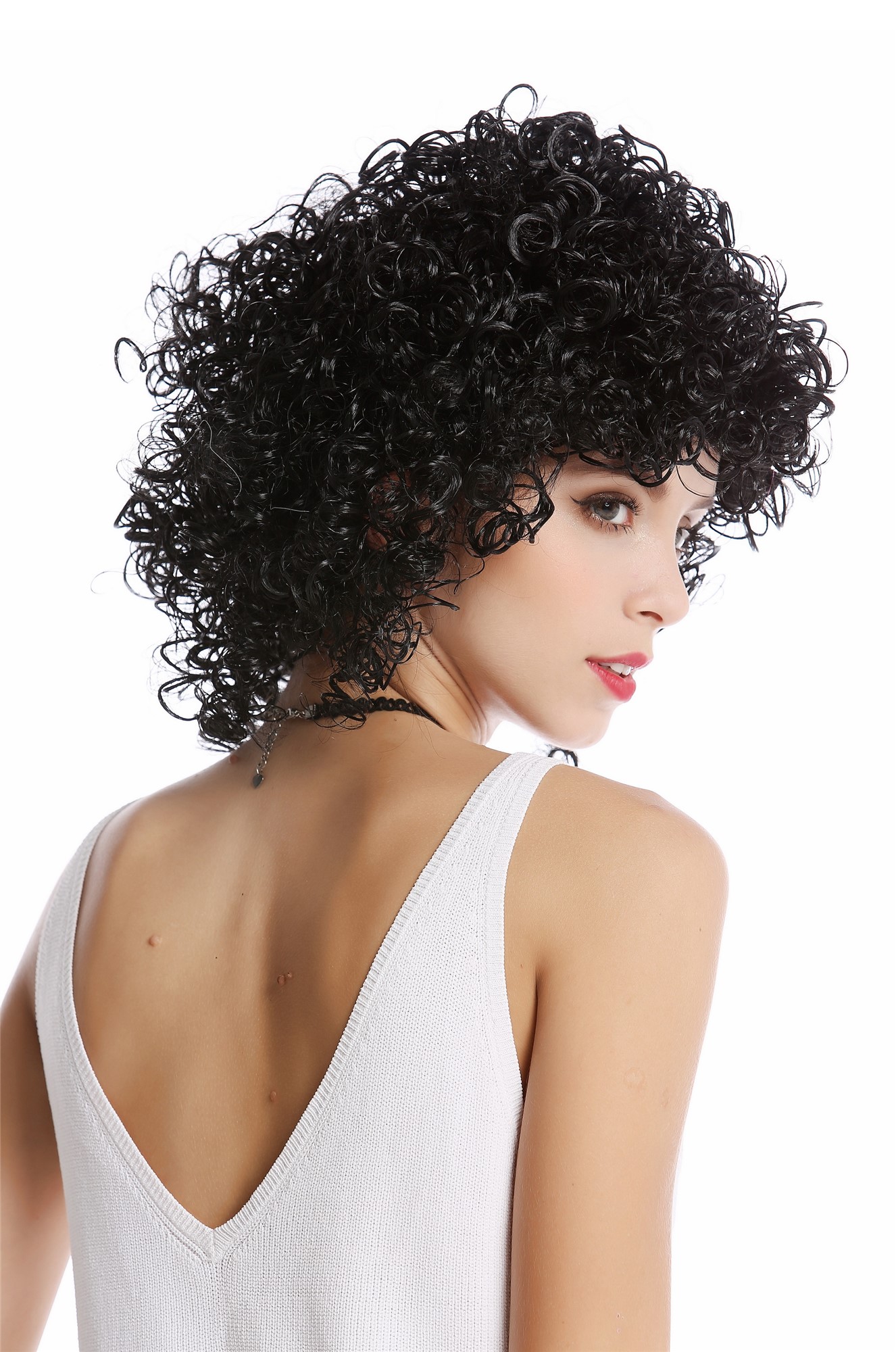 Wig Ladies Women black curly frizzy curls voluminous Afro Caribbean Latin Beauty Greek Goddess, front view, WIG ME UP: Your Perücken Online Shop Party Wig, Ladies, Black, curled, shoulder-length