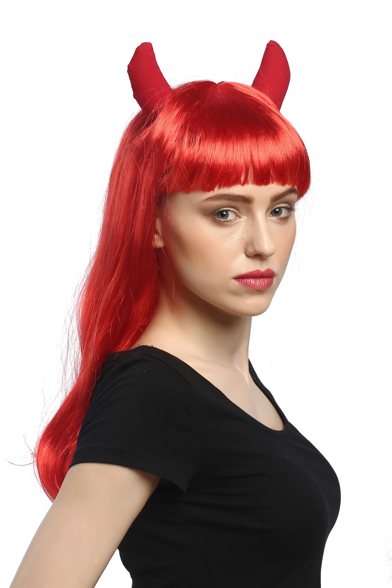 günstige Party Perücke, Perücke Rot Lang mit Hörnern Teufelin 90897-ZA13, Ansicht 2, WIG ME UP: Ihr Perücken Online Shop wellige Party Perücke Rot lange Haare für Damen