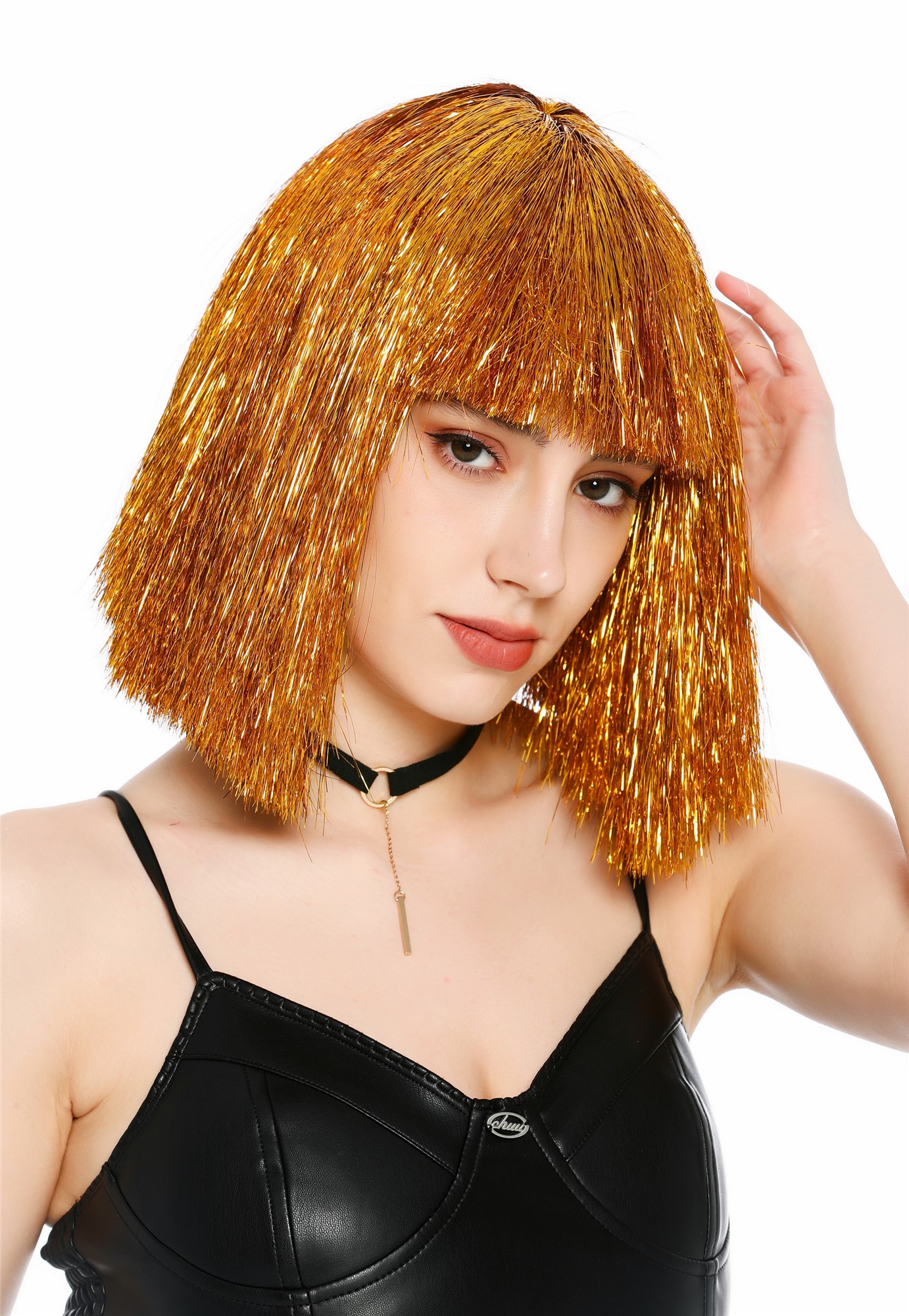 Perücke Damen Glitzer Lametta Tinsel Look Longbob Pony Disco Glam Gold VK-42-TN9