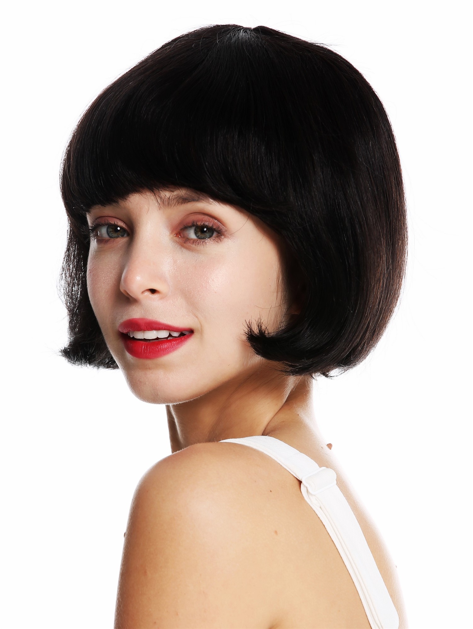 hochwertige Qualitätsperücken, Perücke Echthaar kurz Bob glatt Pony Schwarz VK-57-HH-1B, Ansicht 2, WIG ME UP: Ihr Perücken Online Shop glatte Tressen-Perücke Echthaar Samtschwarz kurze Haare für Damen