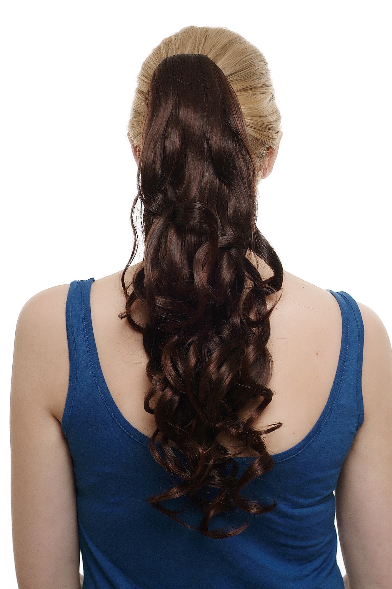 Hairpiece PONYTAIL extension VERY long BEAUTIFUL wavy slightly curly curls MIXED BROWN mahogany, front view, WIG ME UP: Your Perücken Online Shop Ponytails, black-brown mix, curled, long