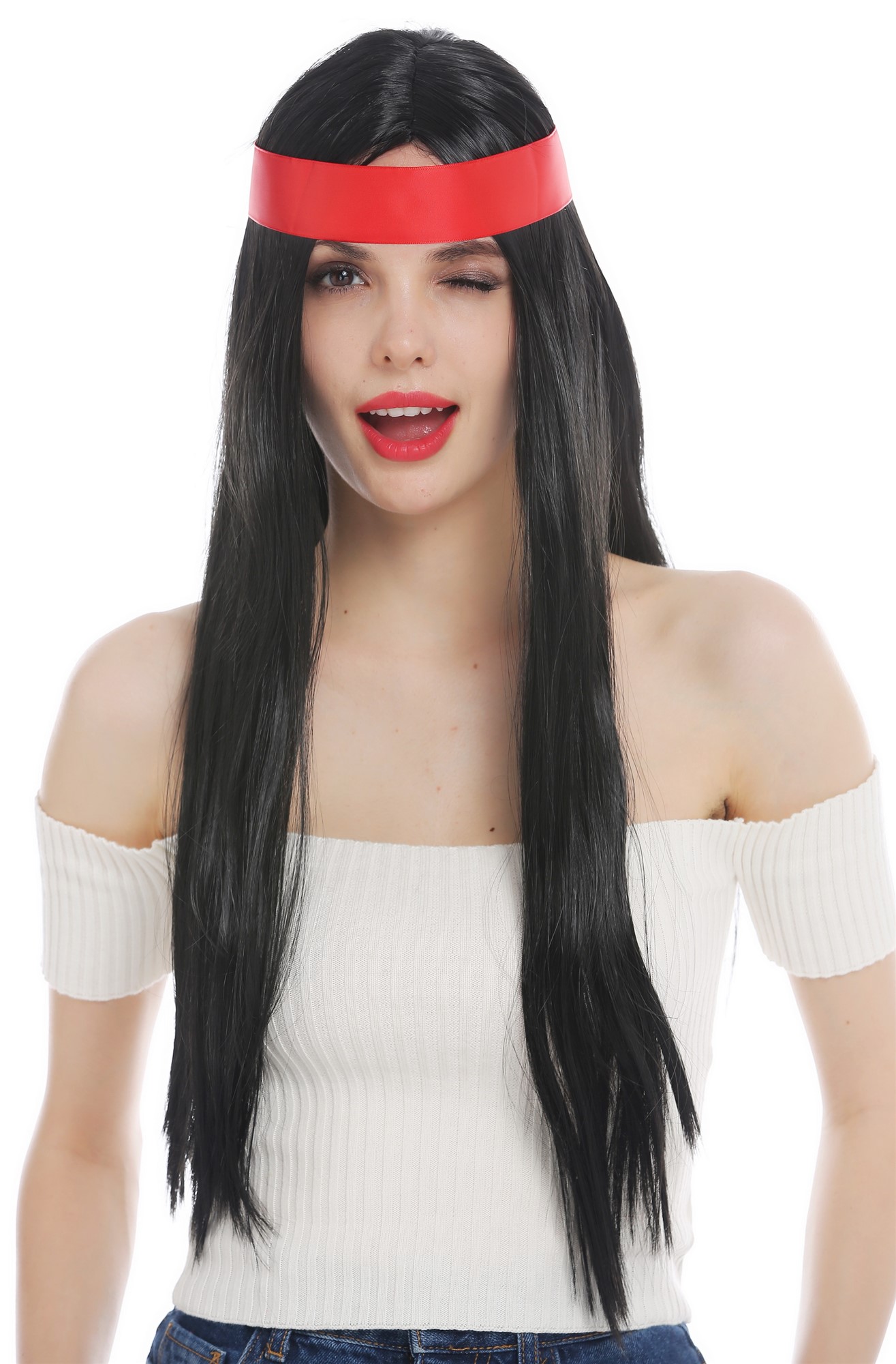 Wig men women 70's Native American black sleek middle parting head band 7093, view 8, WIG ME UP: Your Perücken Online Shop Party Wig, Unisex, pitch black, straight, long