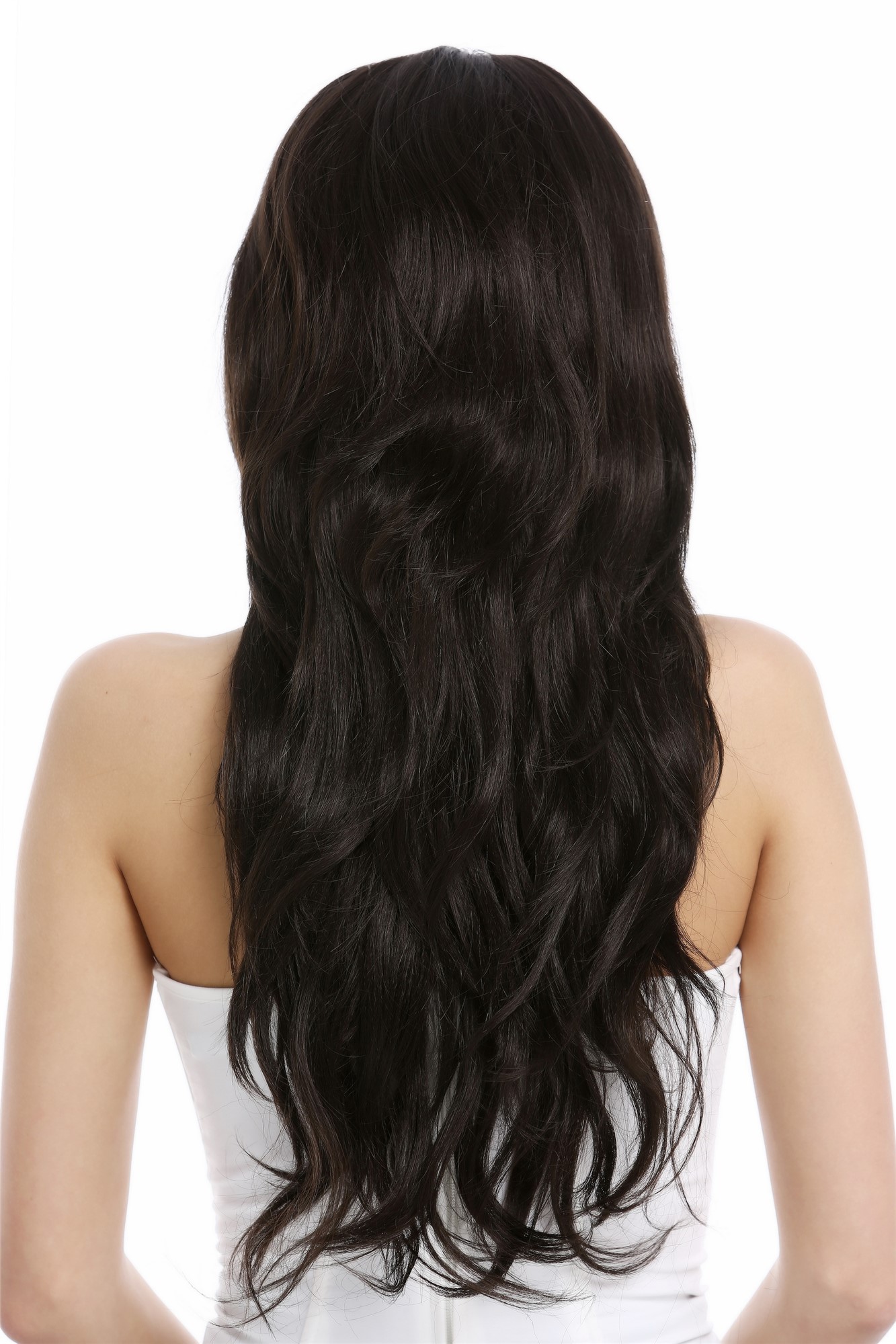 hochwertige Qualitätsperücken, Perücke lang gewellt voluminös Dunkelbraun VK-37-4, Ansicht 4, WIG ME UP: Ihr Perücken Online Shop wellige Tressen-Perücke mit Kopfhaut-Imitat Dunkelbraun lange Haare für Damen