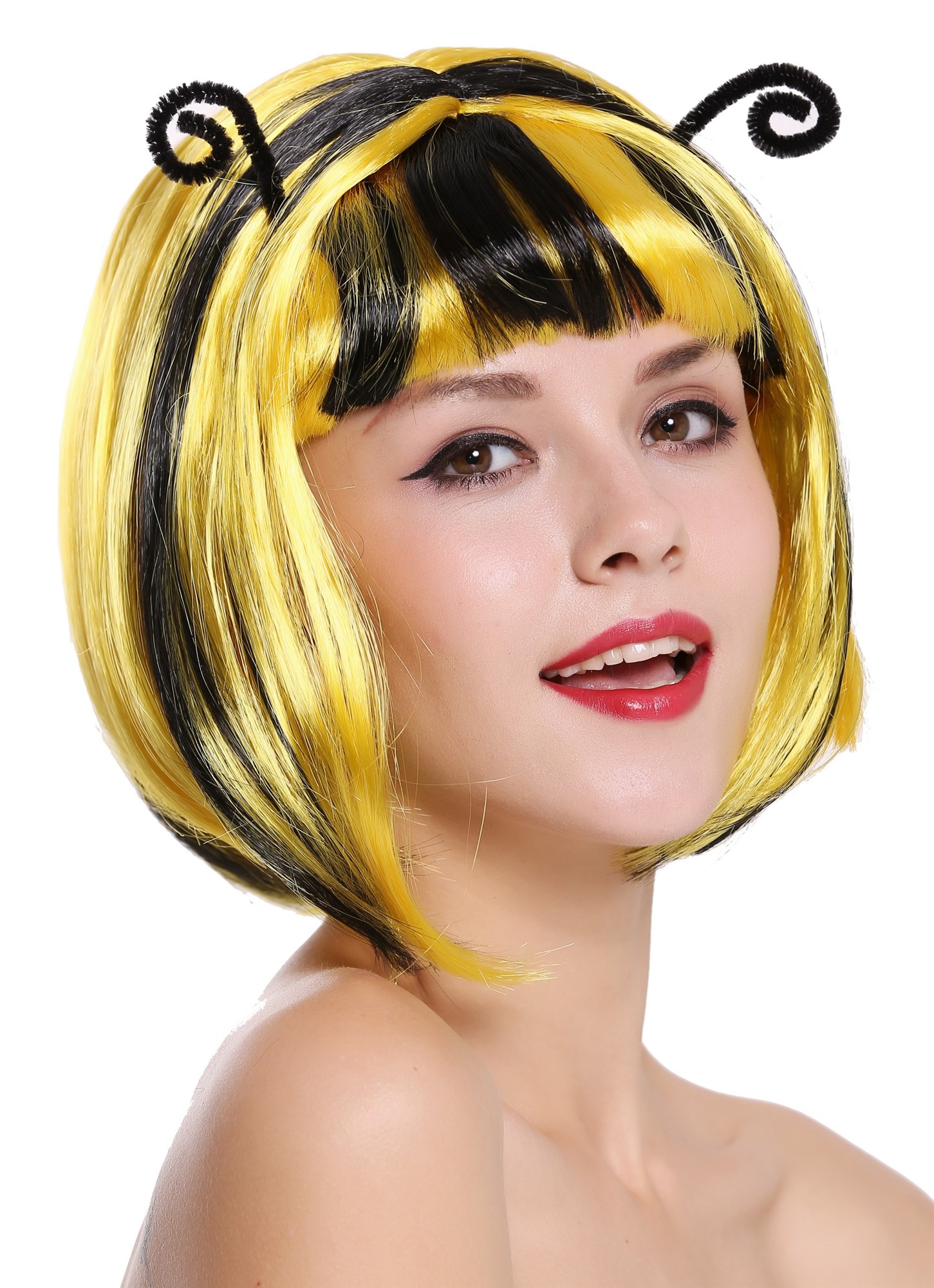 Lady Party Wig Bumble Bee Wasp yellow black stripes streaked antennas  91575, front view, WIG ME UP: Your Perücken Online Shop Party Wig, Ladies, yellow, black, straight, short