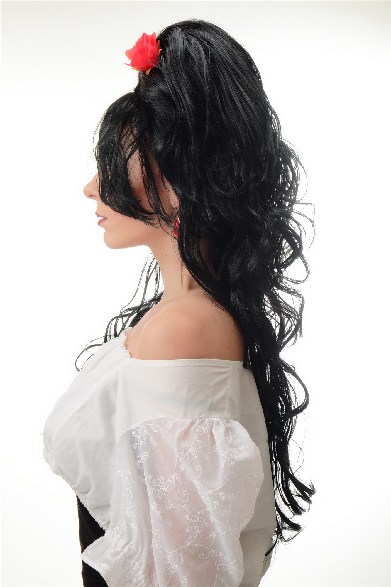 günstige Party Perücke, Perücke Spanierin Beehive Schwarz mit roter Rose PT0025-P103, Ansicht 2, WIG ME UP: Ihr Perücken Online Shop lockige Party Perücke Schwarz lange Haare für Damen