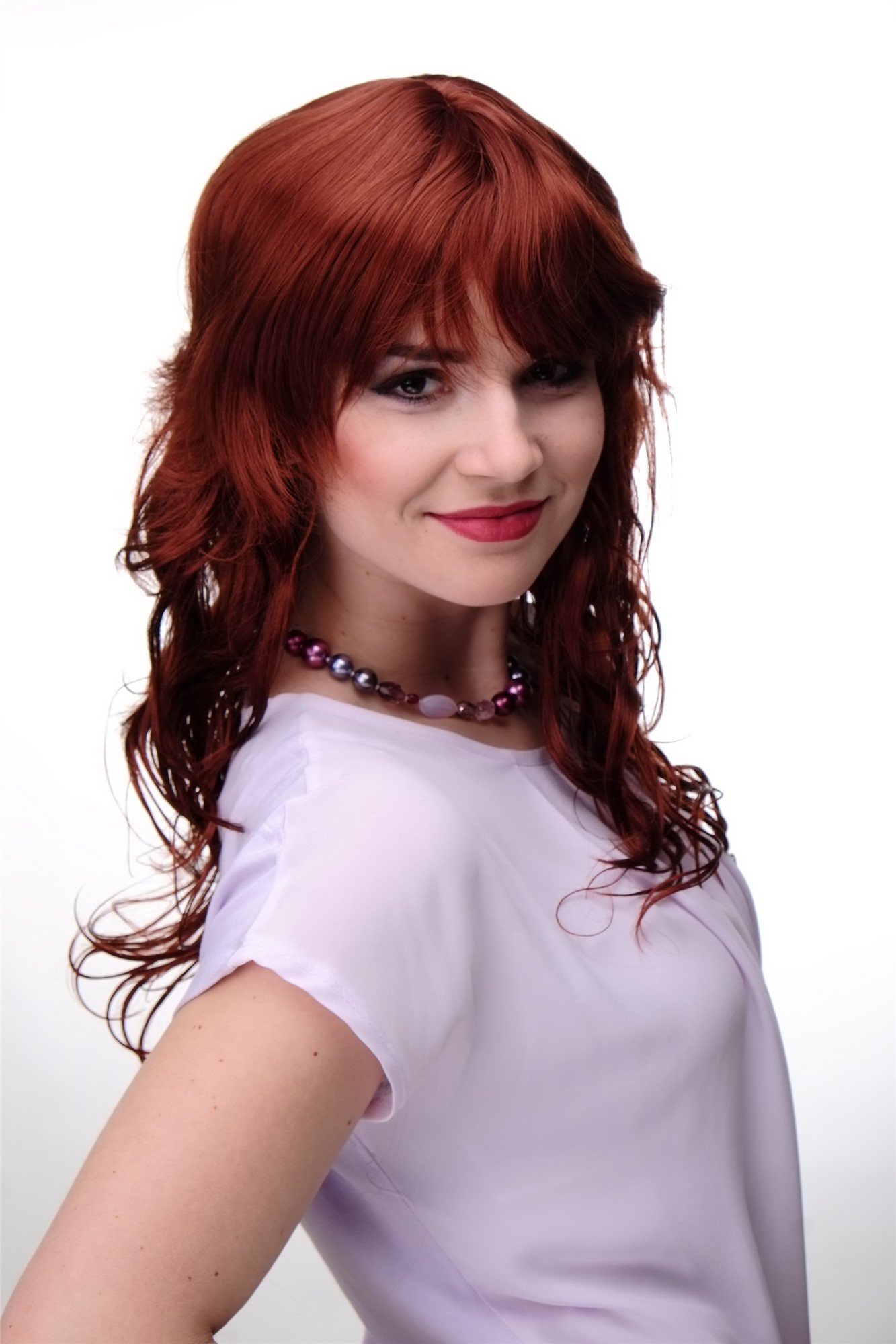 Lady  Wig long wavy and curly ends long fringe (for side parting) dark copper red 22", view 3, WIG ME UP: Your Perücken Online Shop Quality Wigs, Ladies, copper, wavy, long