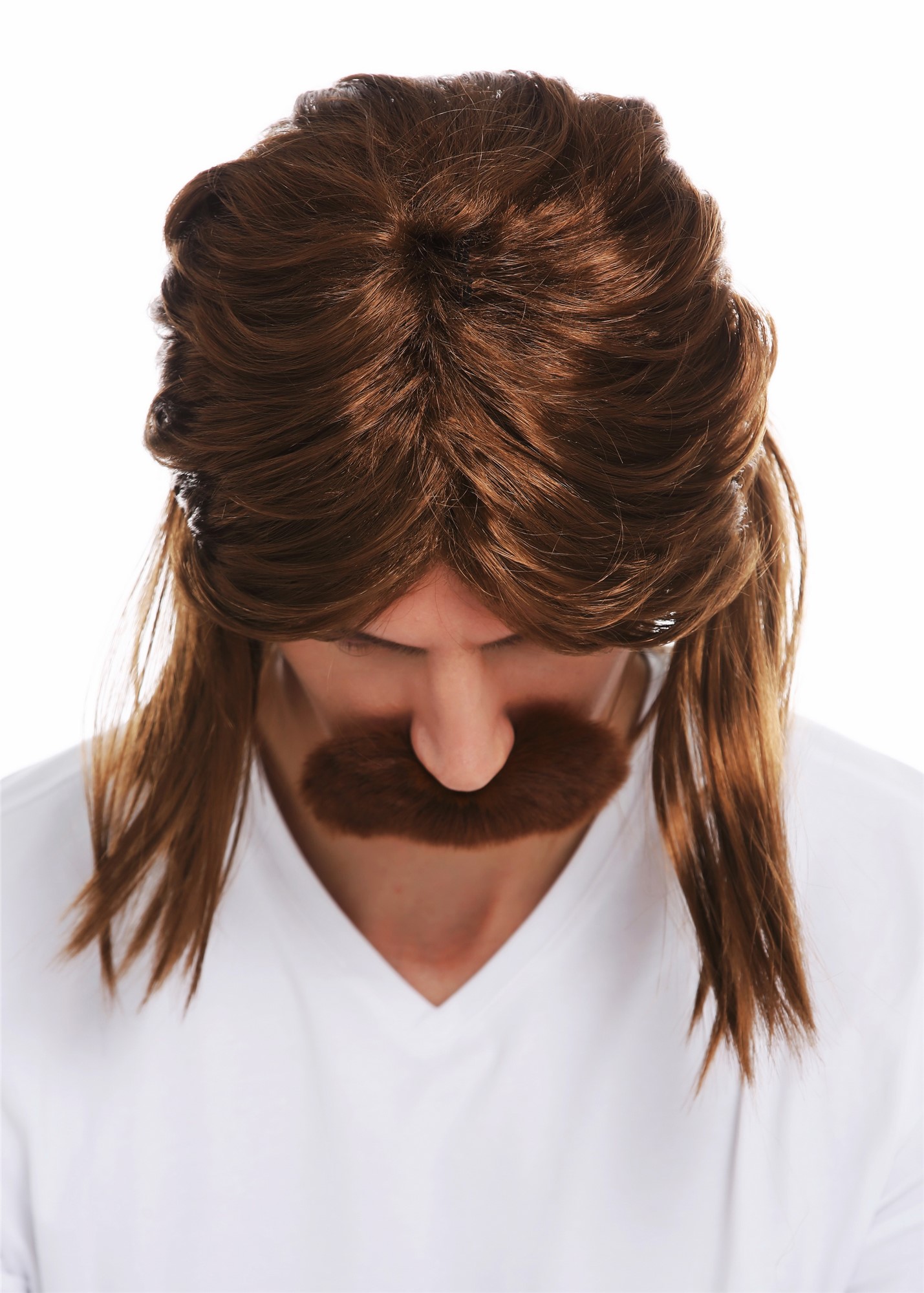 günstige Party Perücke, Perücke Bart Vokuhila Proll 80er Braun SARL062-P6, Ansicht 5, WIG ME UP: Ihr Perücken Online Shop glatte Party Perücke Goldbraun schulterlange Haare für Herren