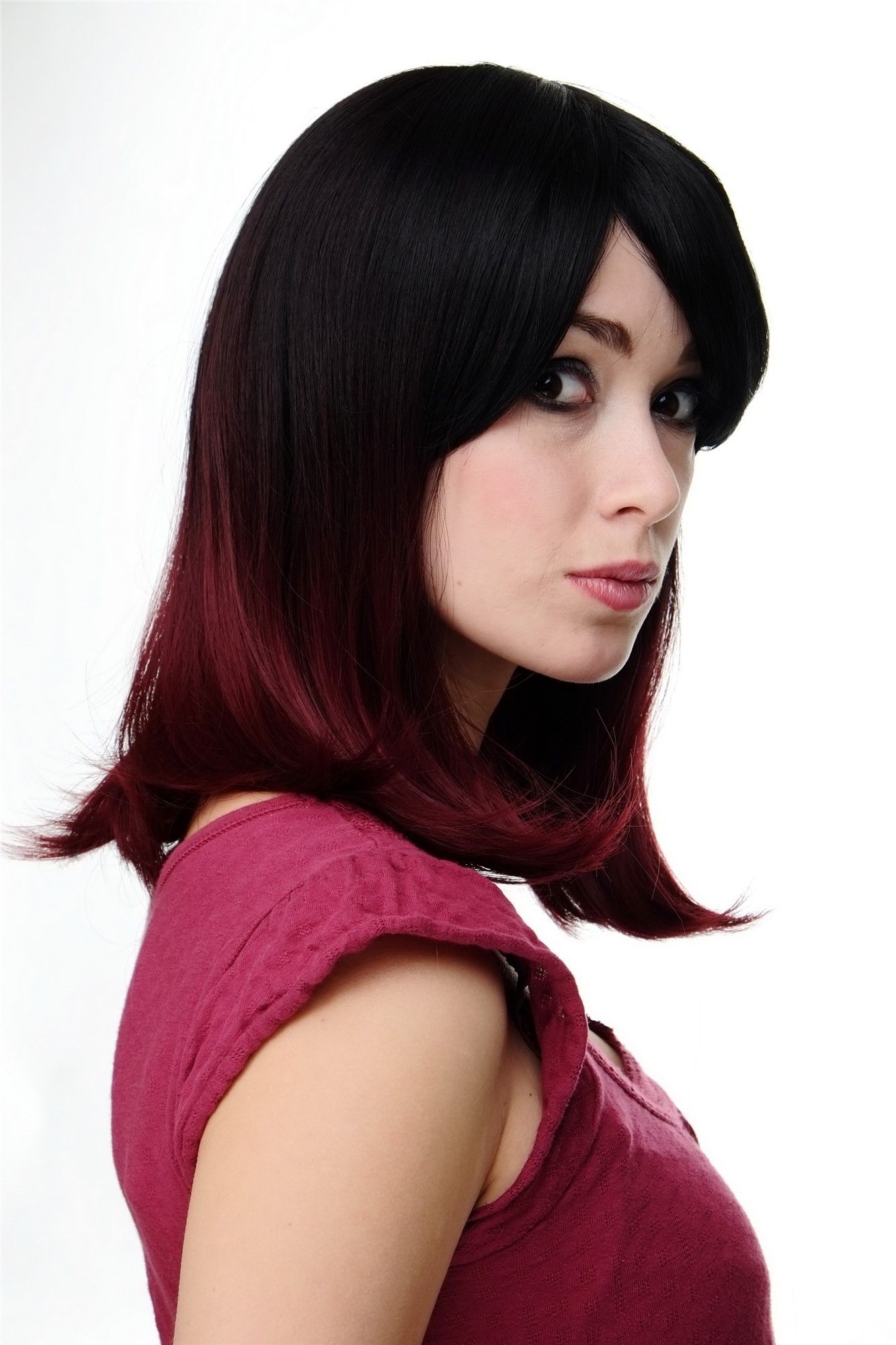 Stunning Lady  Wig shoulder length longbob Ombre black & red straight parting fringe Gothic, view 2, WIG ME UP: Your Perücken Online Shop Quality Wigs, Ladies, black-aubergine red mix, straight, shoulder-length