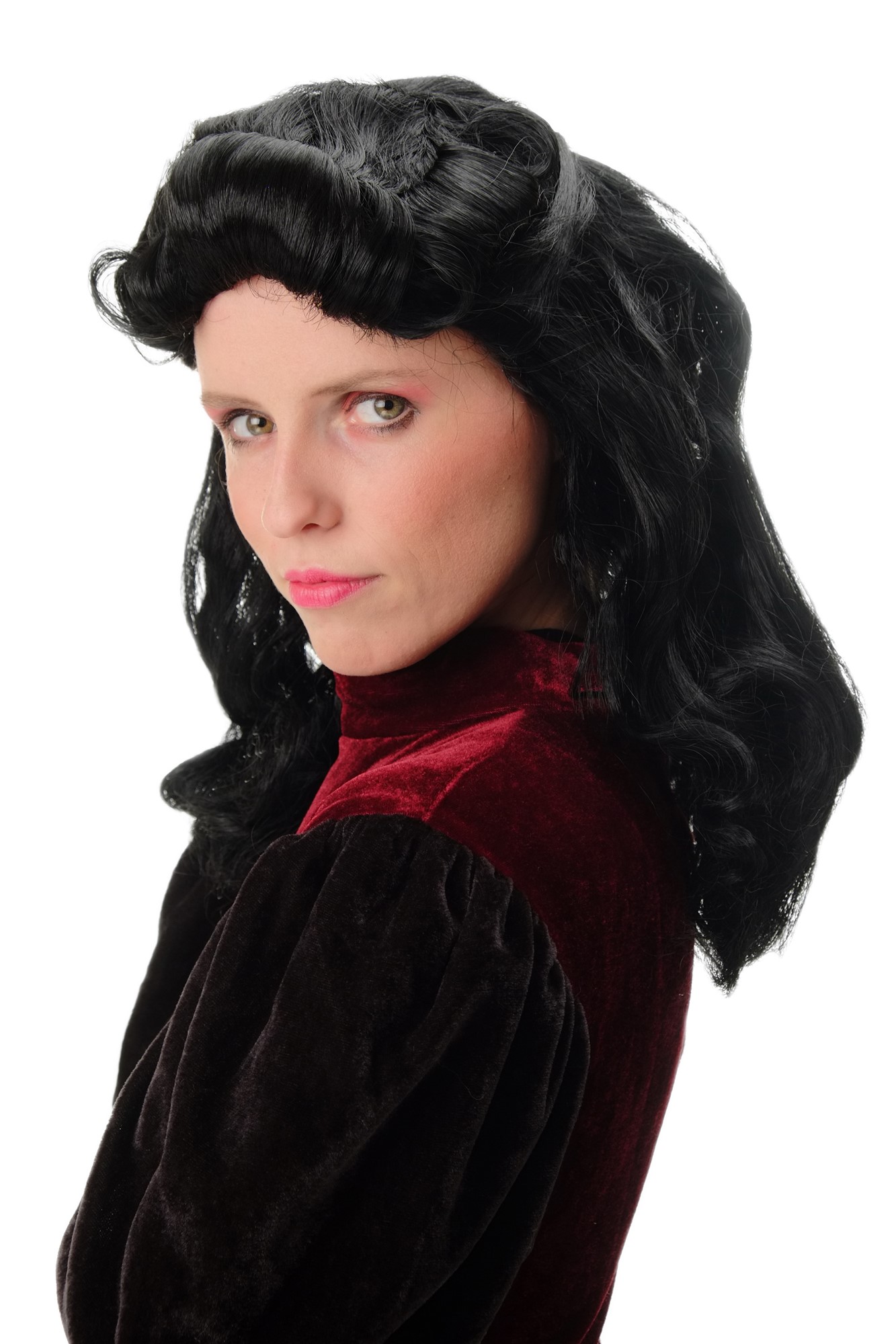 günstige Party Perücke, Damenperücke Tolle 50s Rockabilly Schwarz PT0036-PP103, Vorderansicht, WIG ME UP: Ihr Perücken Online Shop wellige Party Perücke Schwarz lange Haare für Damen