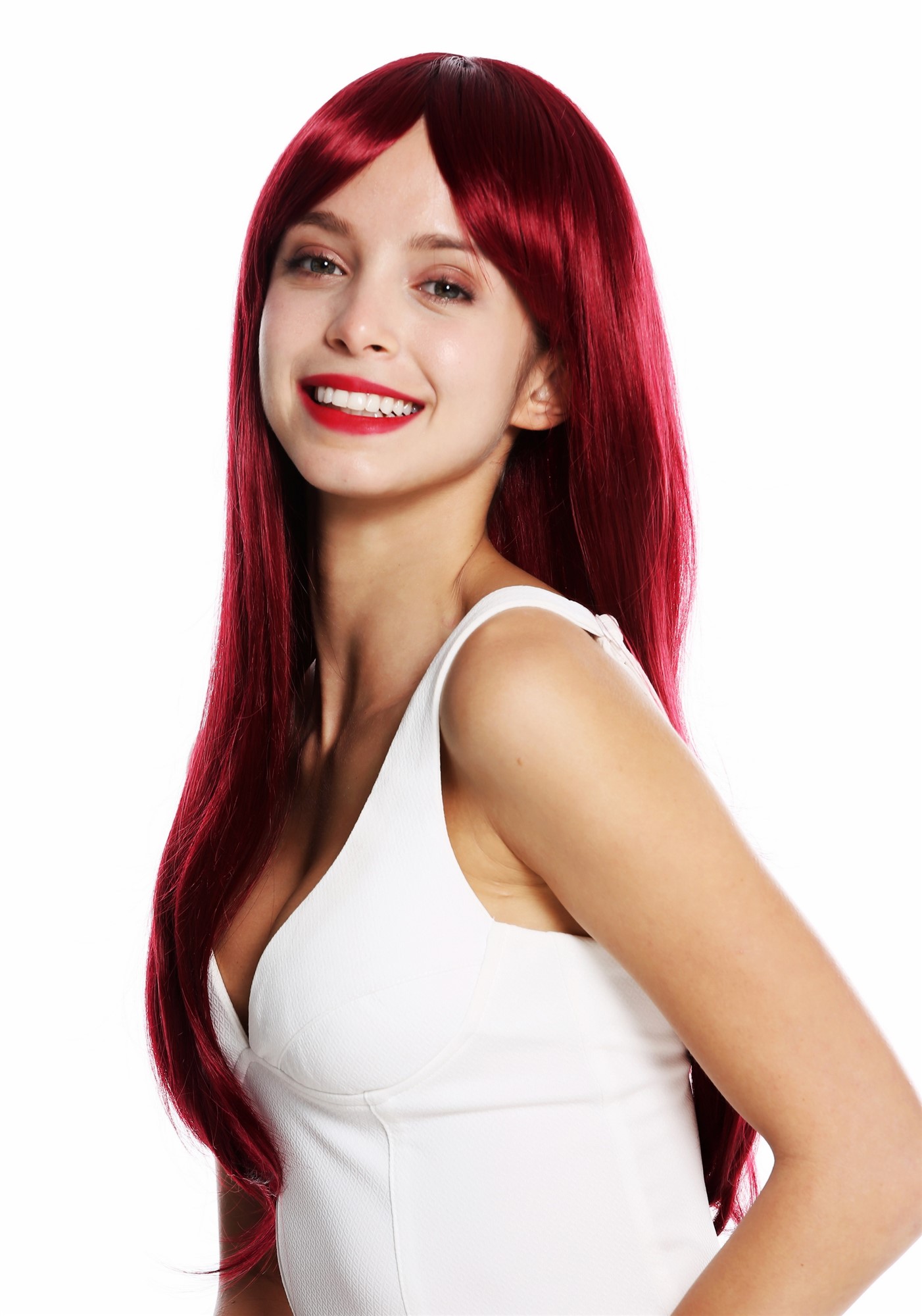 hochwertige Qualitätsperücken, Perücke lang glatt Pony gescheitelt Rot Burgunderrot VK-30-118, Ansicht 3, WIG ME UP: Ihr Perücken Online Shop glatte Tressen-Perücke Auberginerot lange Haare für Damen