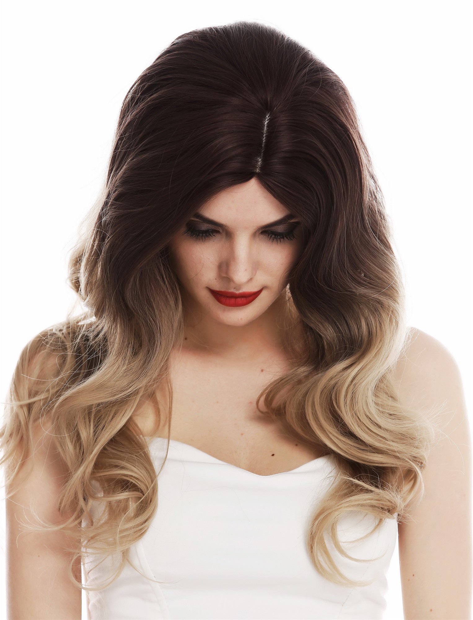 hochwertige Qualitätsperücken, Perücke Kopfhautimitat lang wellig Scheitel Ombre Braun Blond TYS-1208-6TT85, Ansicht 4, WIG ME UP: Ihr Perücken Online Shop wellige Tressen-Perücke mit Kopfhaut-Imitat Braun-Blond-Mix lange Haare für Damen