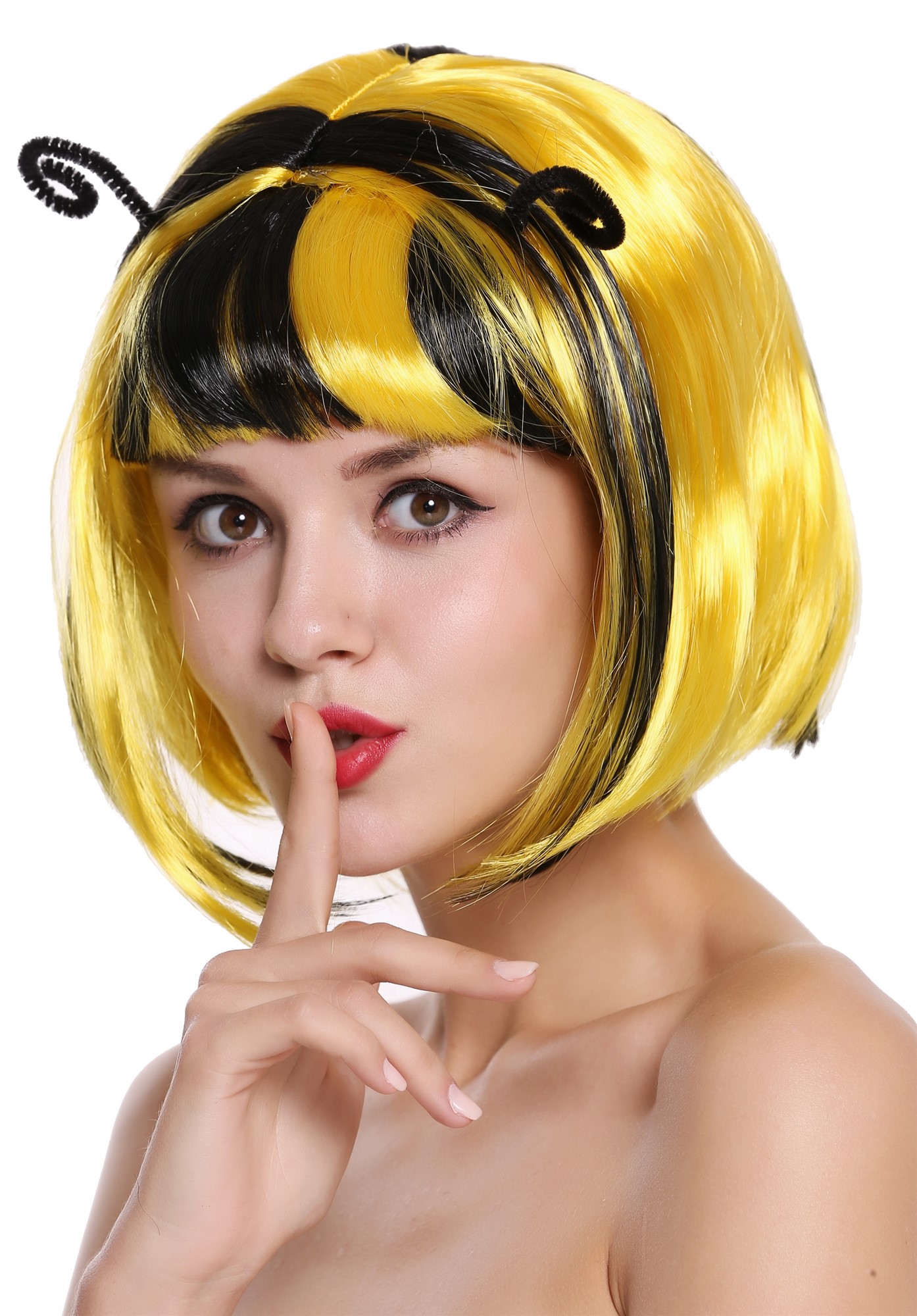 günstige Party Perücke, Perücke Biene Hummel Schwarz Gelb 91575-ZA2B+ZA103, Ansicht 3, WIG ME UP: Ihr Perücken Online Shop glatte Party Perücke Gelb,Schwarz kurze Haare für Damen