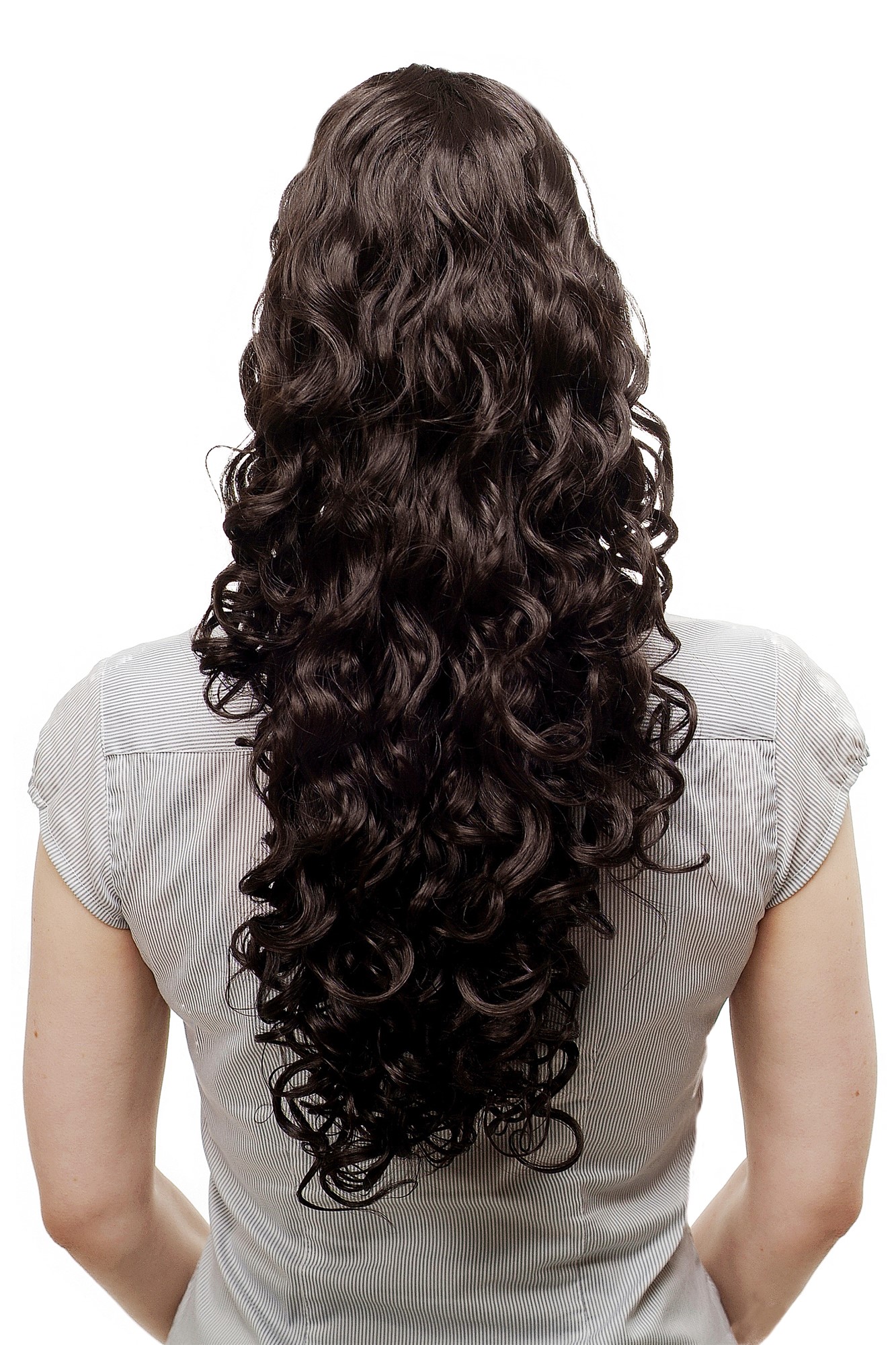 hochwertiges Voluminös wallendes Haarteil lockig und sehr lang Zopf Dunkelbraun Braun N310-4, Vorderansicht, WIG ME UP: Ihr Perücken Online Shop lockiges Zopf-Haarteil Dunkelbraun 60 cm lang