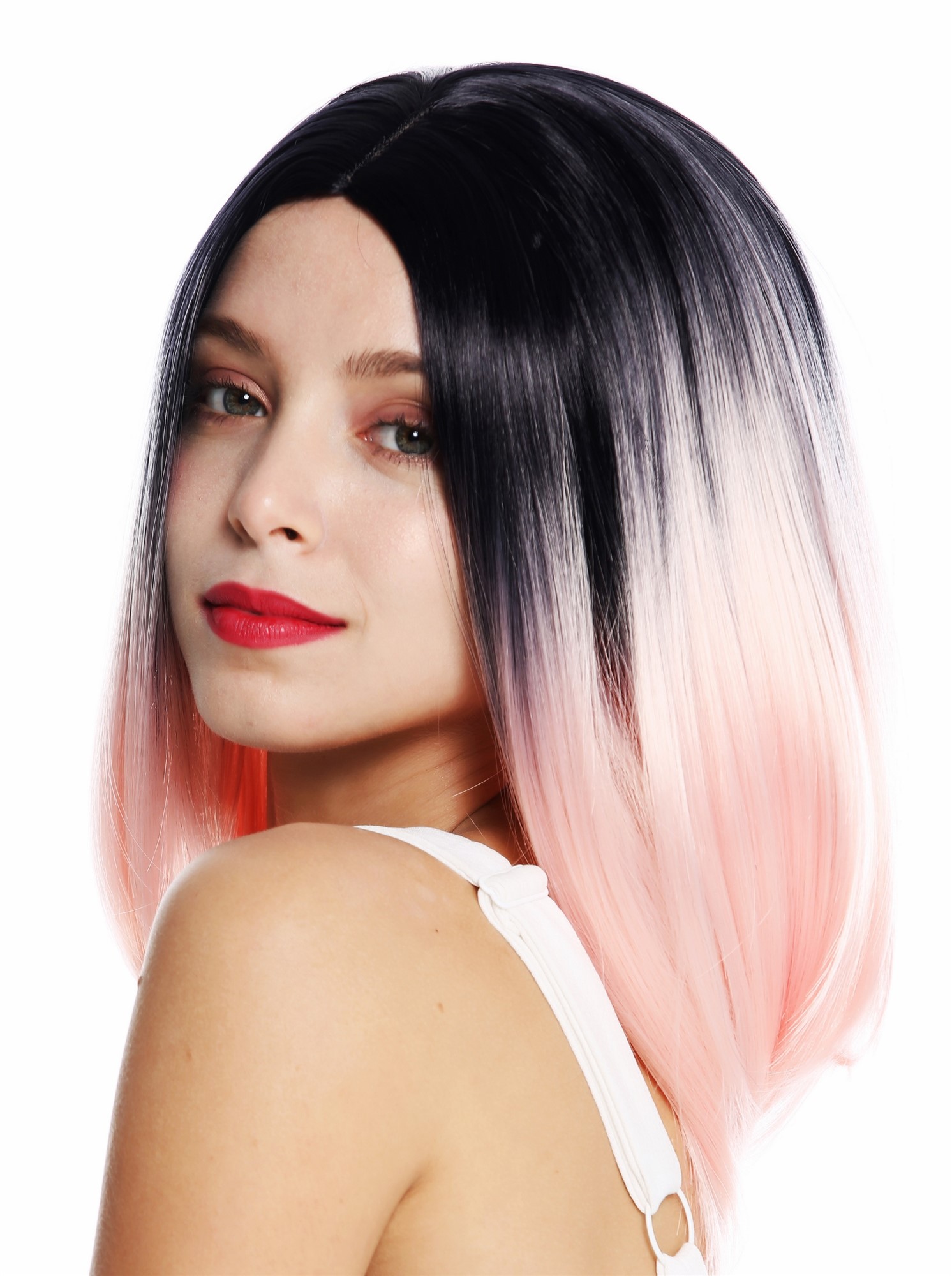 Lady wig short sleek long bob middle parting ombre black light pink ZM-1769, view 3, WIG ME UP: Your Perücken Online Shop Quality Wigs, Ladies, pink-black mix, straight, shoulder-length