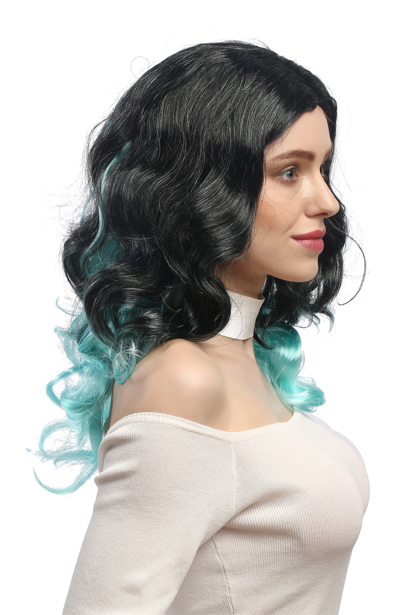 DEC185-ZA103-98A Lady Party Wig Halloween ombre black turquise blue long wavy voluminous, view 2, WIG ME UP: Your Perücken Online Shop Party Wig, Ladies, Black,Blue, wavy, long