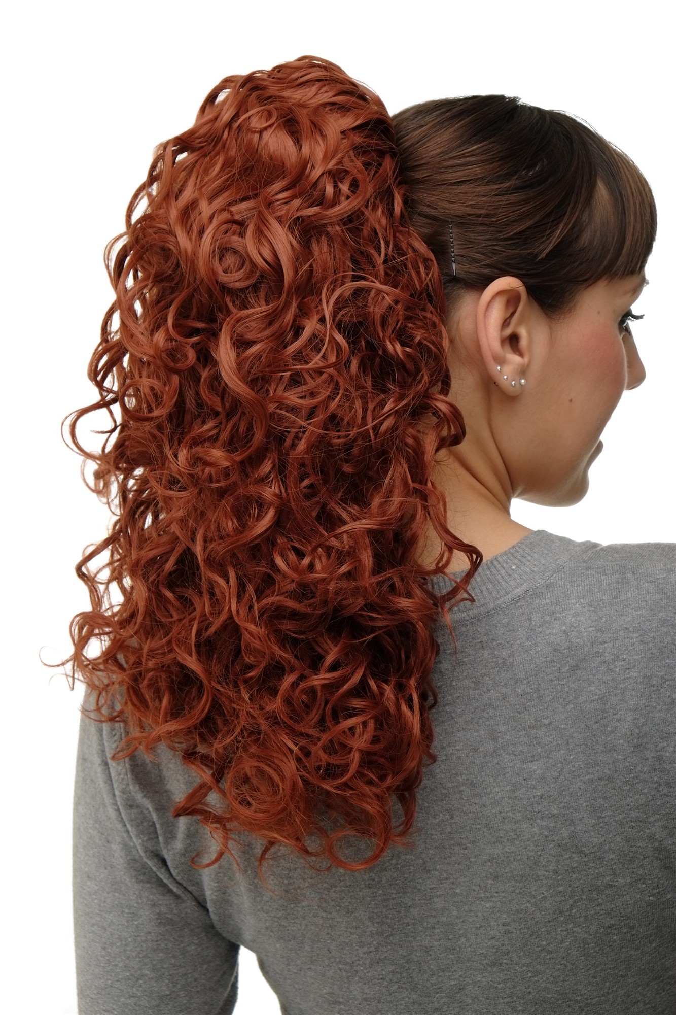 Hairpiece Ponytail with 2 combs/clips & elastic draw string long full curls voluminous copper red, front view, WIG ME UP: Your Perücken Online Shop Ponytails, copper, curled, shoulder-length