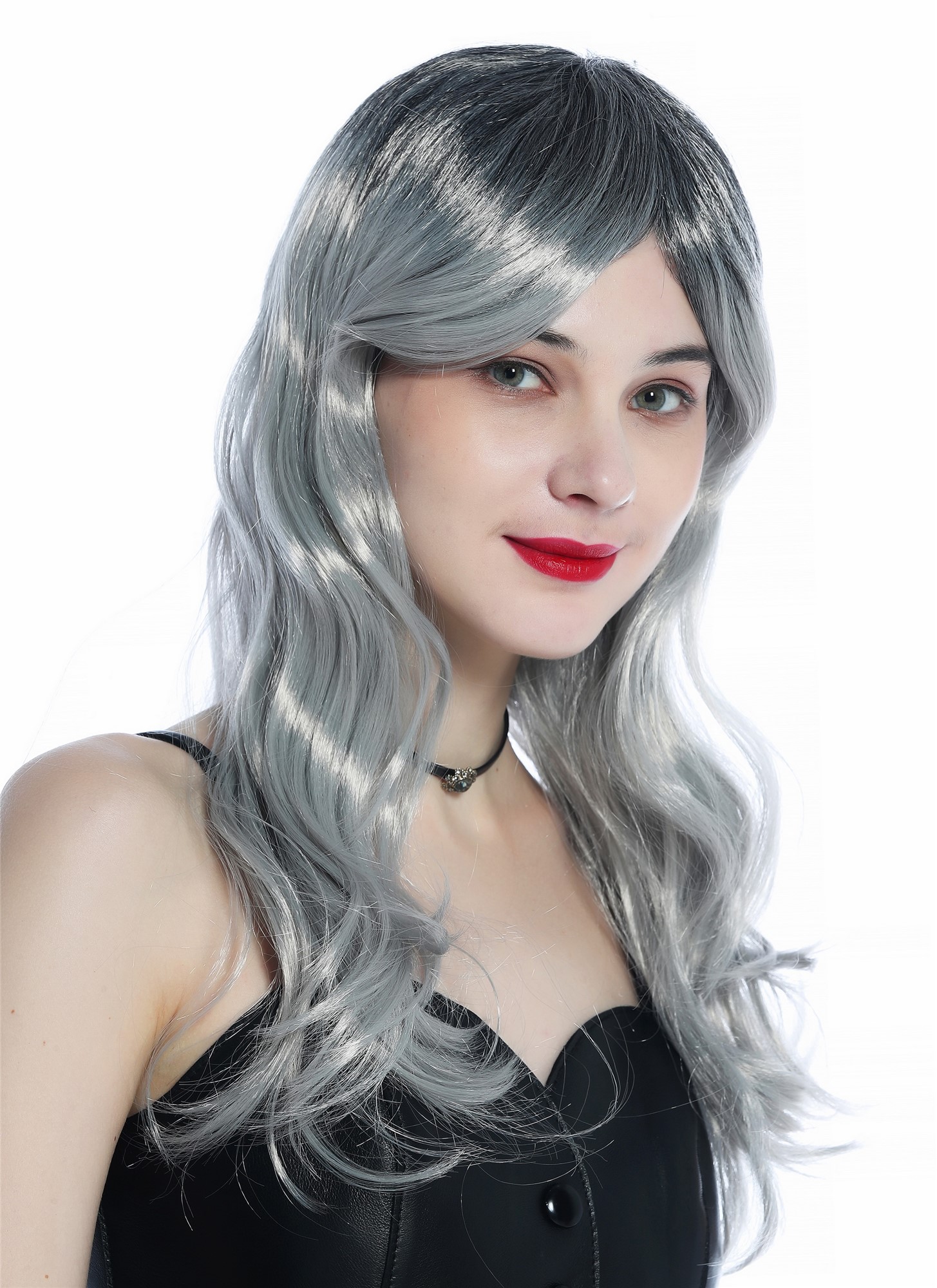Long Wavy Lady Wig Halloween Carnival Ombre colour black to silver grey 21014, front view, WIG ME UP: Your Perücken Online Shop Party Wig, Ladies, Black gradient in silver gray, wavy, long