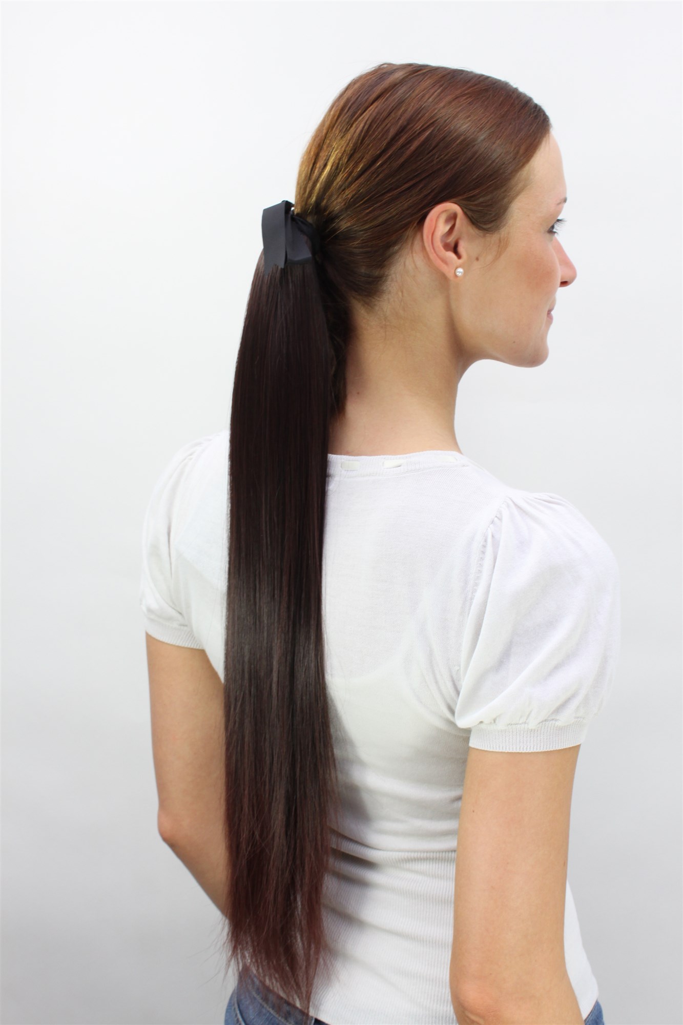 Hairpiece PONYTAIL (comb & ribbon wrap-around system) extension pigtail very long mahogany, view 2, WIG ME UP: Your Perücken Online Shop Ponytails, black-brown mix, straight, long