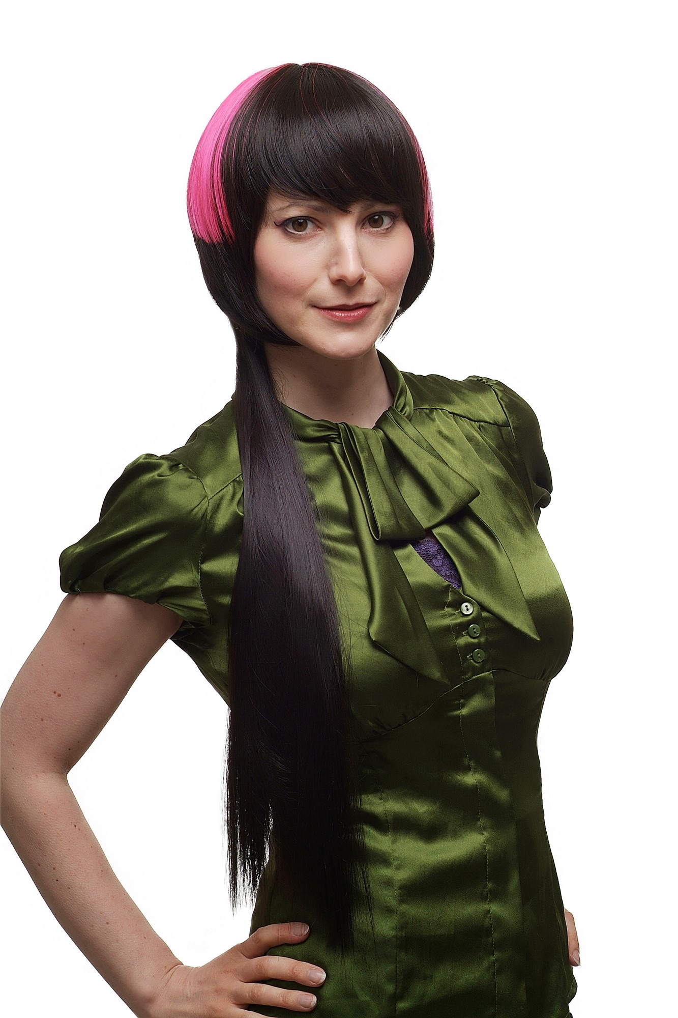 hochwertige Qualitätsperücken, Perücke Bob hinten lang dunkelbraun pink SA039-4/TF2313, Vorderansicht, WIG ME UP: Ihr Perücken Online Shop glatte Tressen-Perücke mit Kopfhaut-Imitat dunkelbraun sehr lange Haare für Damen