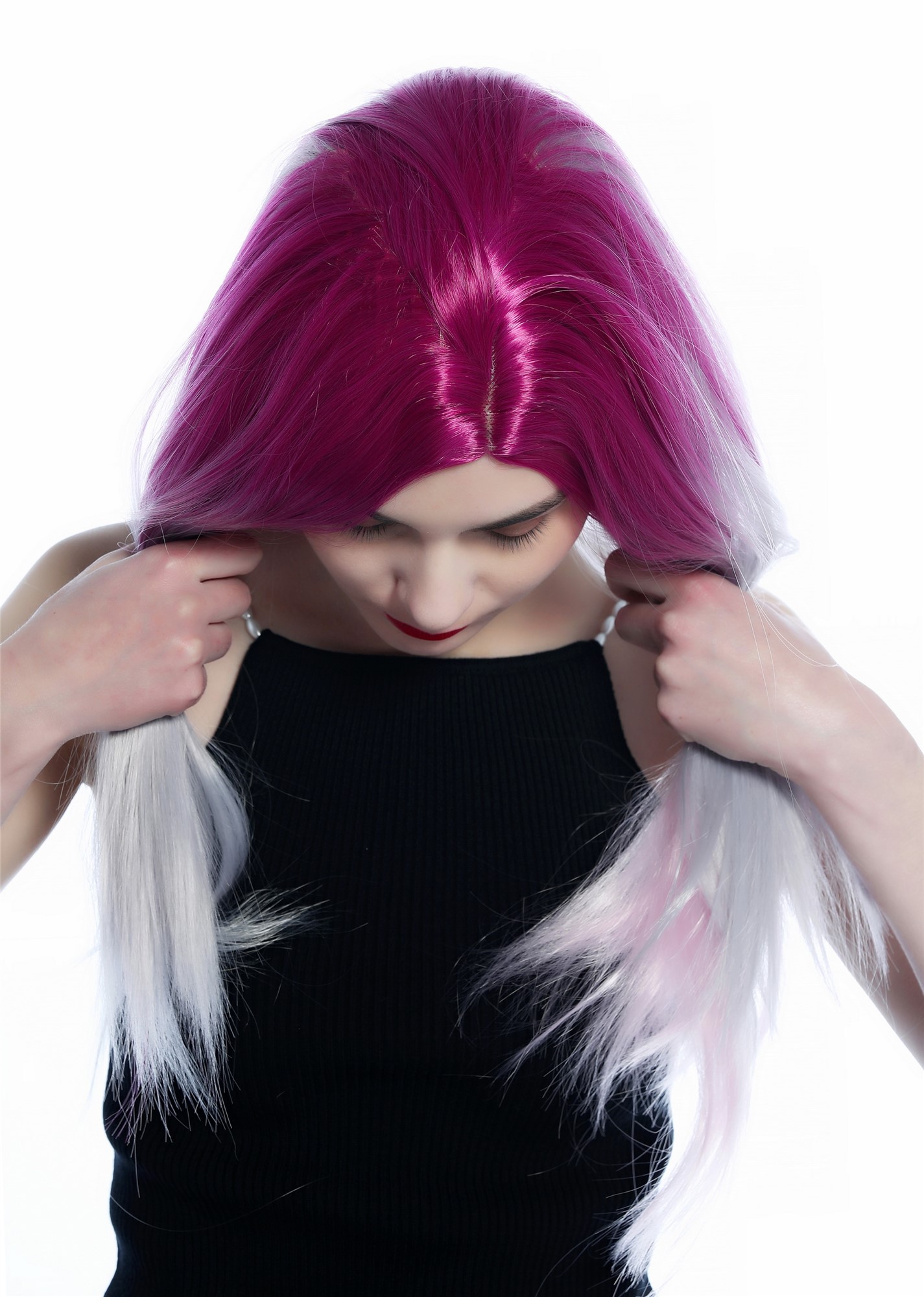 hochwertige Qualitätsperücken, Perücke lang glatt Mittelscheitel Ombre Balayage Grau Pink Rosa ZM-1031-R20140, Ansicht 4, WIG ME UP: Ihr Perücken Online Shop glatte Tressen-Perücke mit Kopfhaut-Imitat Pink-Silbergrau-Rosa-Verlauf lange Haare für Damen